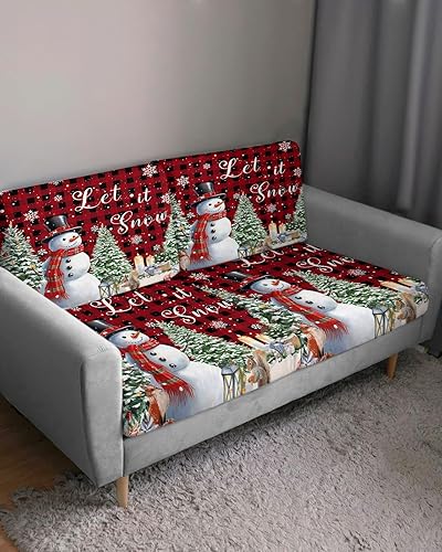 Miniatura 3 de Red Plaid Christmas Snowman Couch Cushion Covers, Stretch Sofa Cover with Elastic Bottom, Xmas Tree Winter Snowflake Sofa Slipcovers Protector