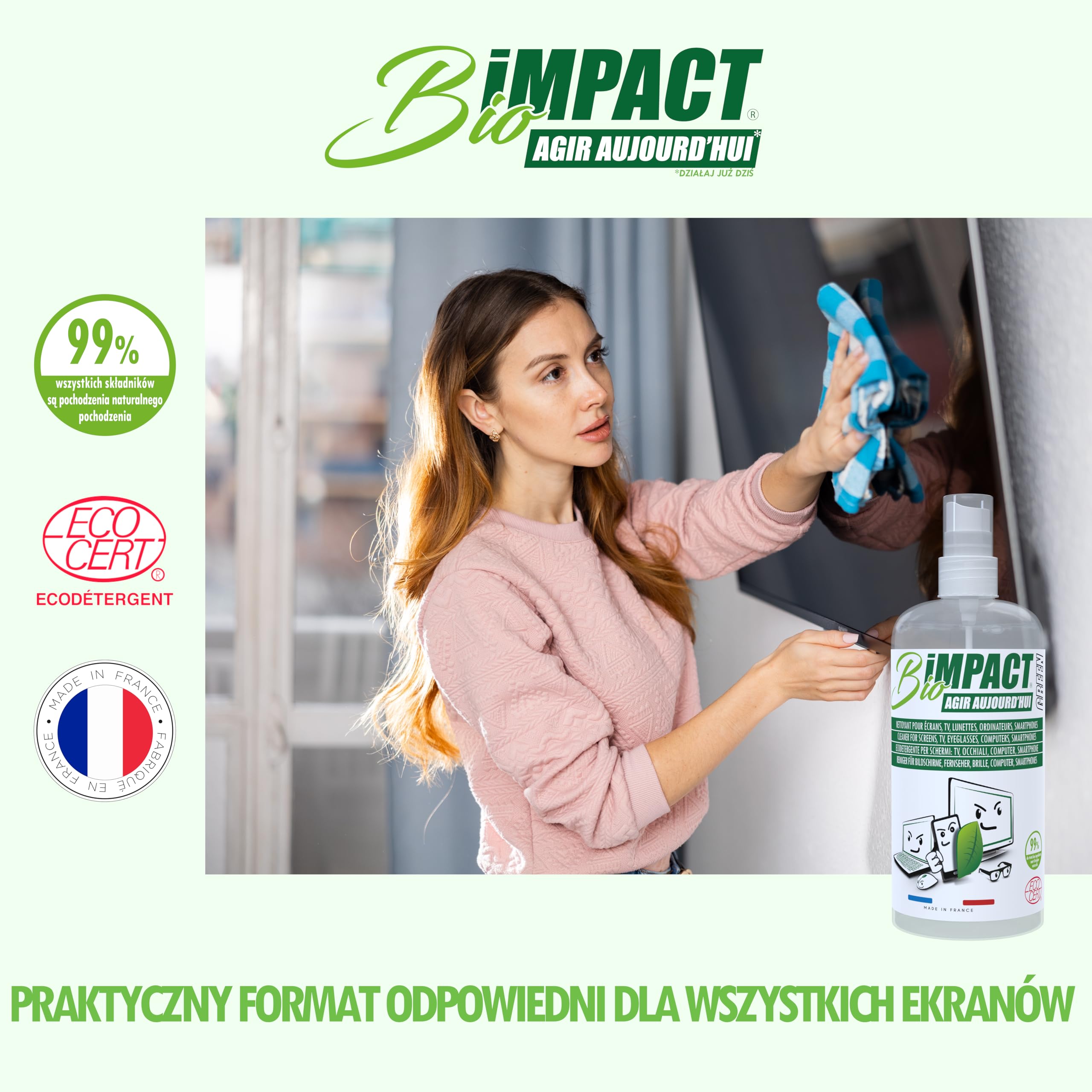 Płyn do czyszczenia ekranów TV, okularów, smartfonów, 500ml, Naturalny z certyfikatem Ecocert