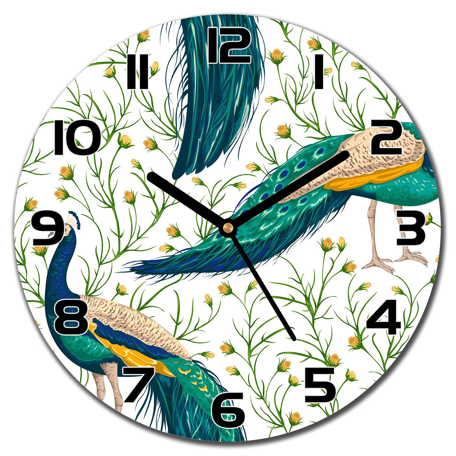 Horloge en verre cuisine et salon avec motif paon colore