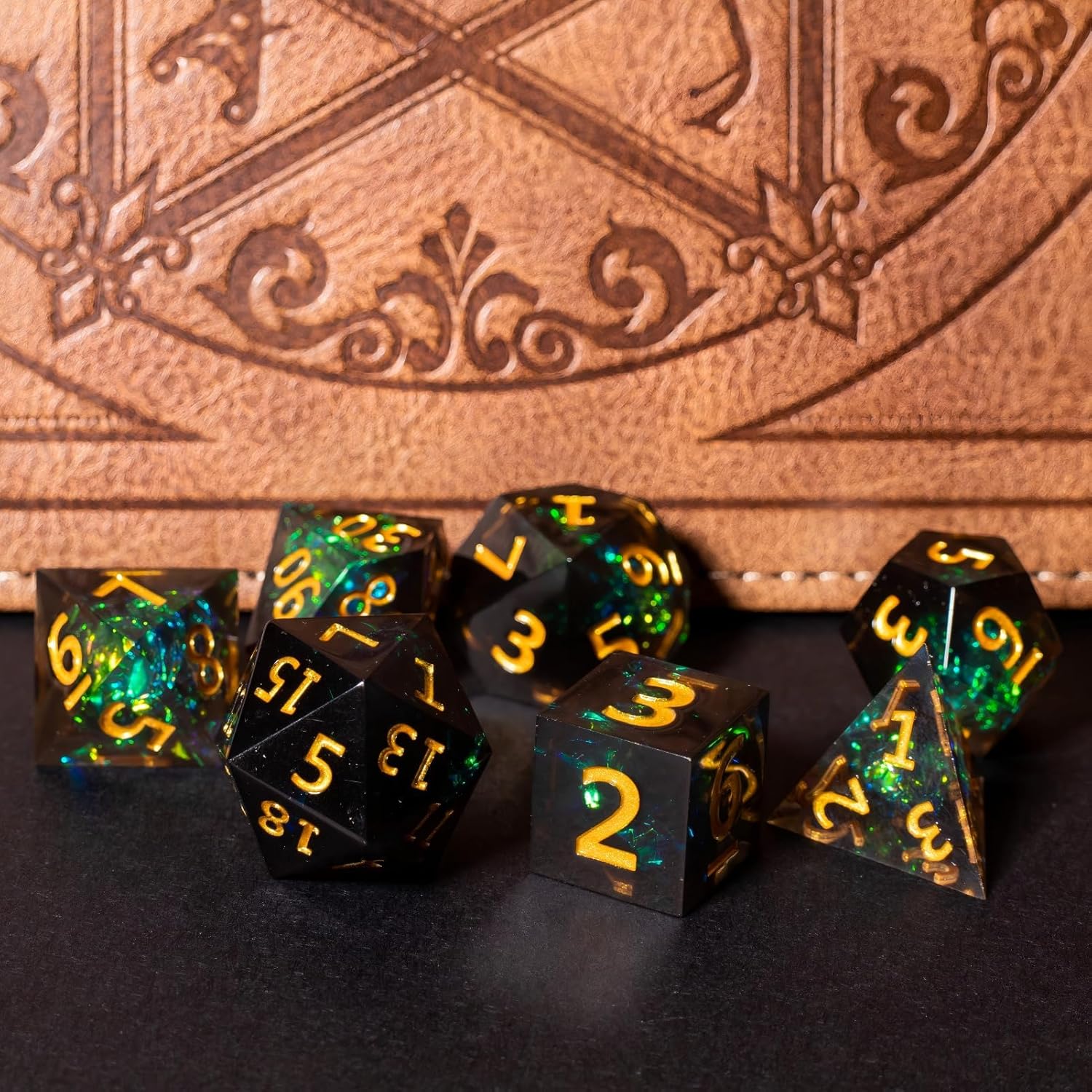 Resin DND Dice Set, (Black-Rogue) 7 Pieces Handmade Sharp Edge Polyhedral Dice, Designed for Dungeons & Dragons, MTG, Role Playing Game, Dice Gift for D&D RPG DM and Players