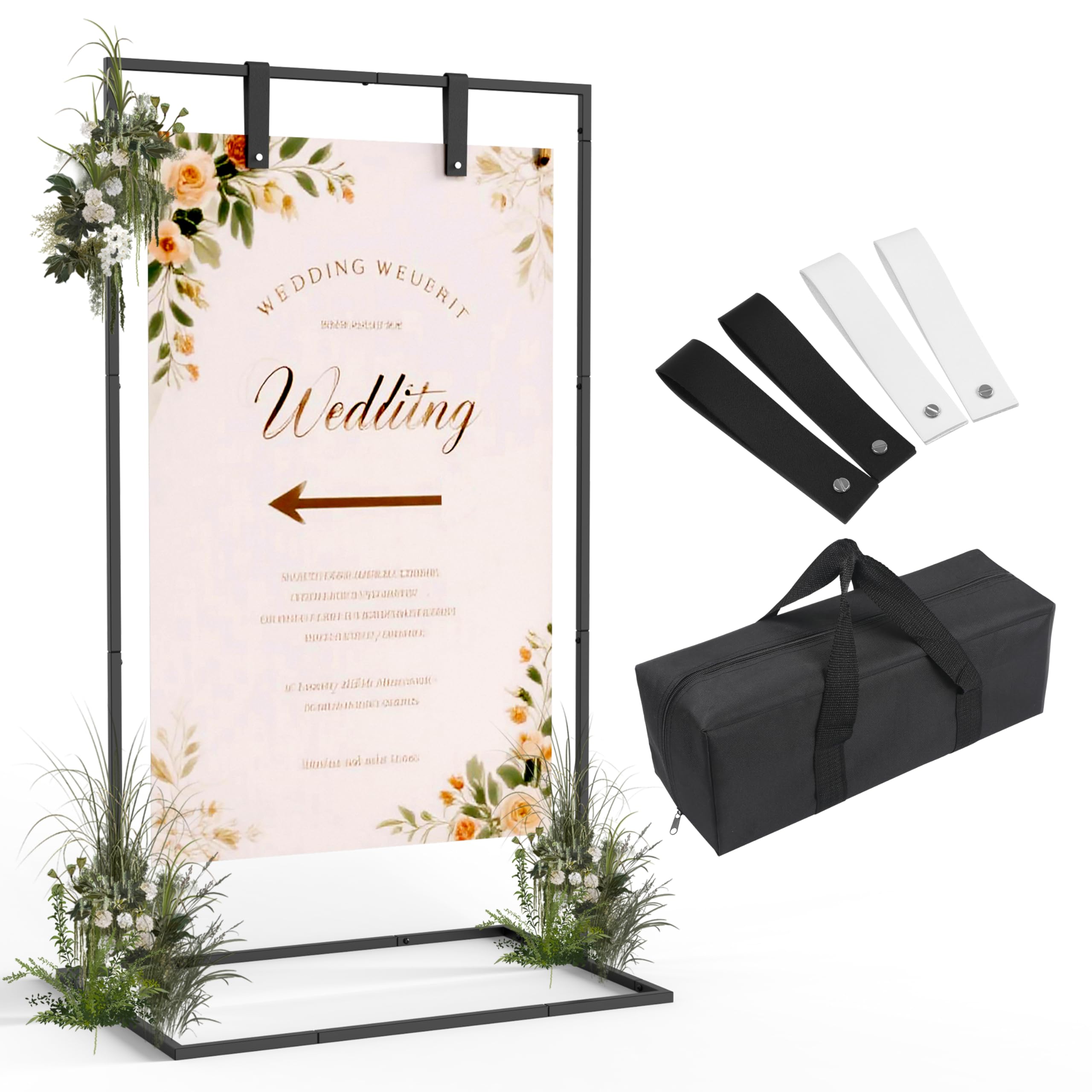 Photo 1 of Daiumulti Wedding Sign Stand, Black Wedding Welcome Sign, Wedding Sign Holder with Storage Bag and Leather Sign Hanging Straps, Easel Stand for Sign, Welcome Sign for Party