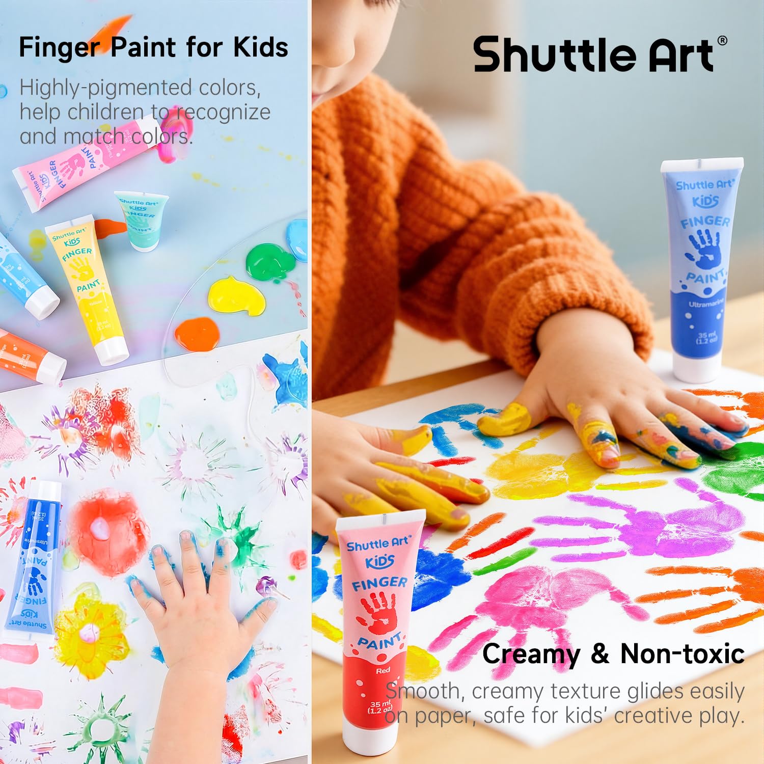 Shuttle Art 15 Colori a Dita per Bambini Atossici, Tempere Lavabili per Bambino 35ml, Tempere per Dipingere Colori Brillanti,Set Pittura Bambini per Arti e Mestieri