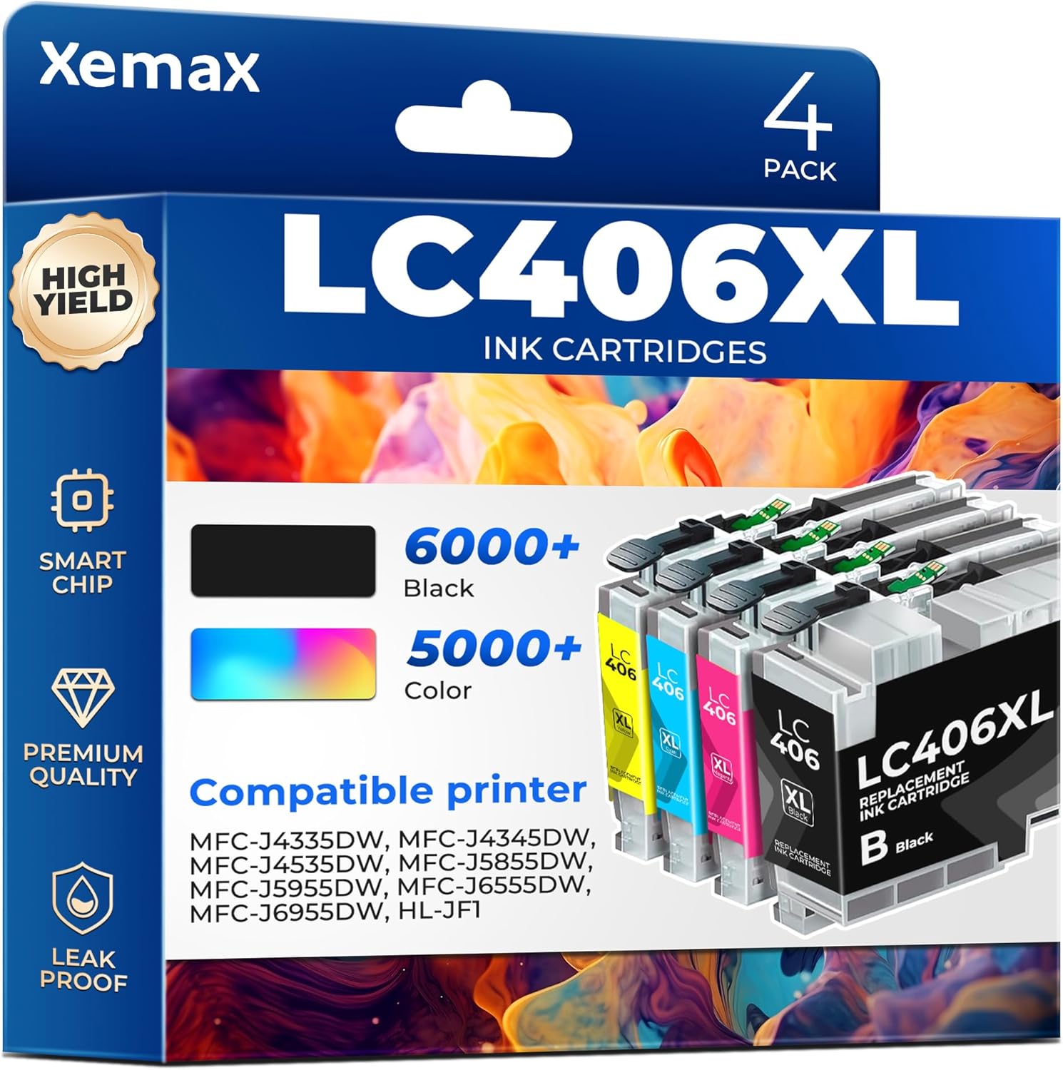 LC406XL Ink Cartridges 4 Pack (21000 Pages) Compatible with MFC-J4335DW for Brother LC406XL LC406 Ink Work for MFC-J4335DW, MFC-J4345DW, MFC-J4535DW, MFC-J5855DW, MFC-J5955DW, MFC-J6555DW, MFC-J6955DW