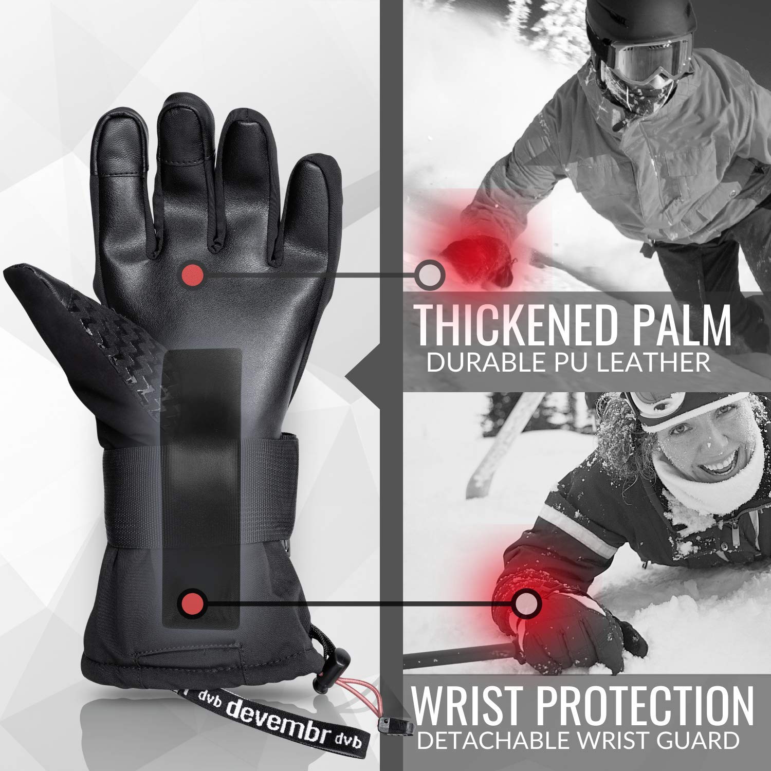 devembr Guantes de Snowboard con Muñequeras, Guantes de Esquí con Pantalla Táctil, Impermeables