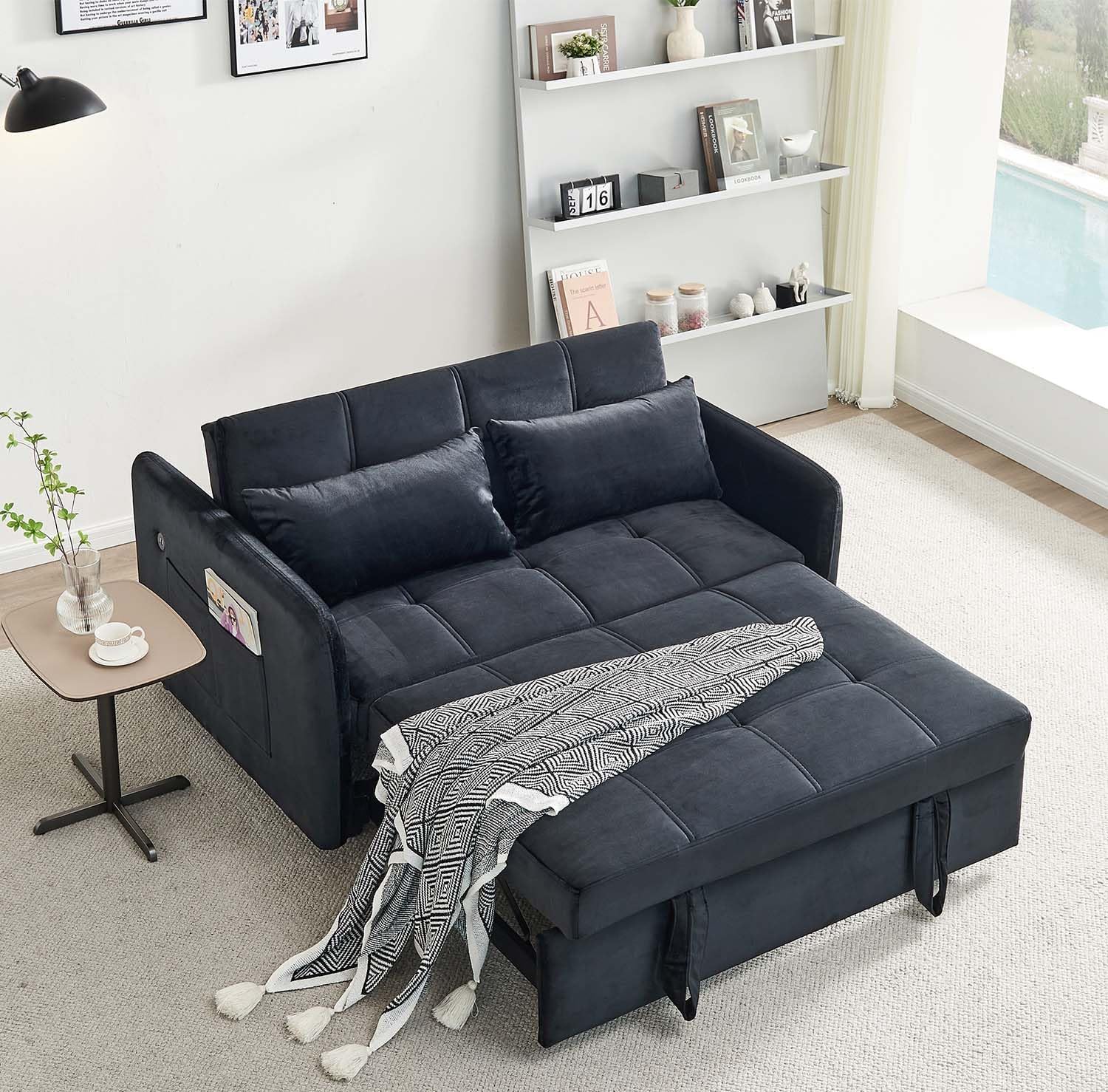 Amazon.com: JEEOHEY 55.5" Modern Velvet Convertible Sofa Bed, Black ...