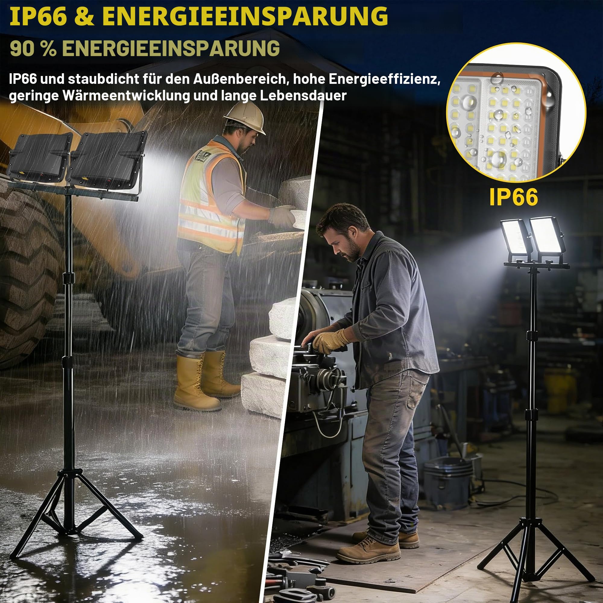 UISEBRT 2x300W LED Baustrahler Akku mit Stativ & 2M Typ-C Kabel,360° Drehbar,3 Lichtmodi,116-182cm höhenverstellbar,Kaltweiß IP66 Wasserdicht Strahler für Garage Werkstatt Baustelle