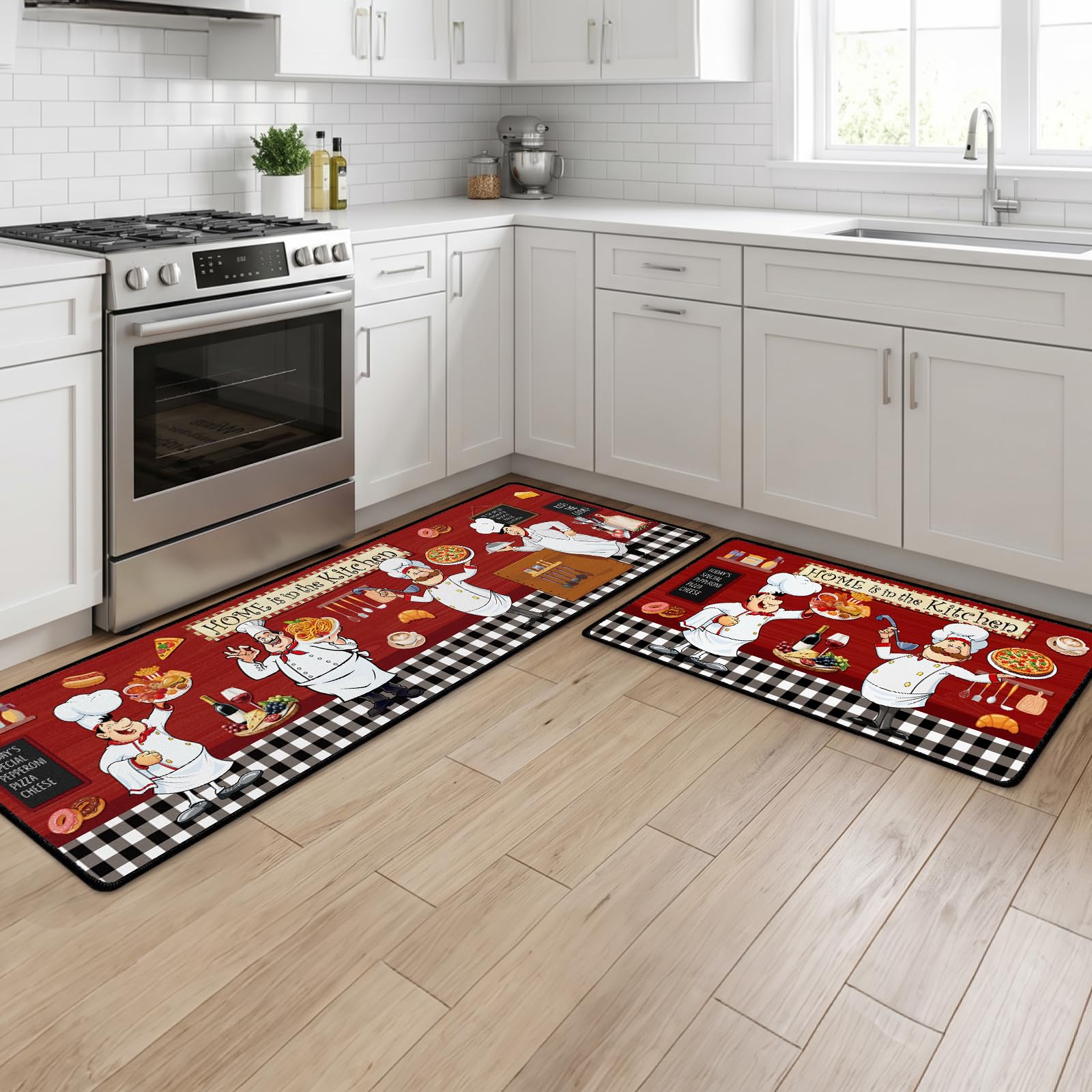 Luvart Kitchen Mats and Rugs Washable, Chef Theme Kitchen Runners Non Slip Set of 2, Washable Rug Carpets for Home Standing Decoration(43x75 cm+43x150 cm)