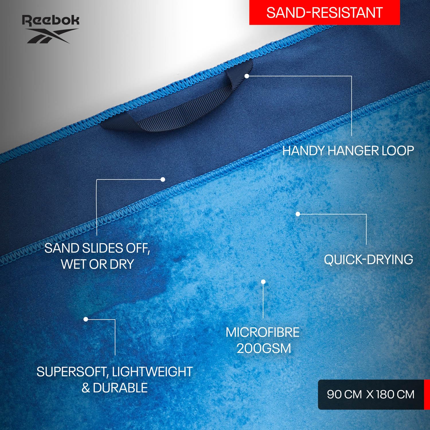 Reebok Toalla de Playa Microfibra Antiarena 90x180 cm | Secado Rápido, Ligera y Compacta con Bolsa | Toalla Grande para Gym, Piscina y Viaje, Diseño Azul Marino Nube