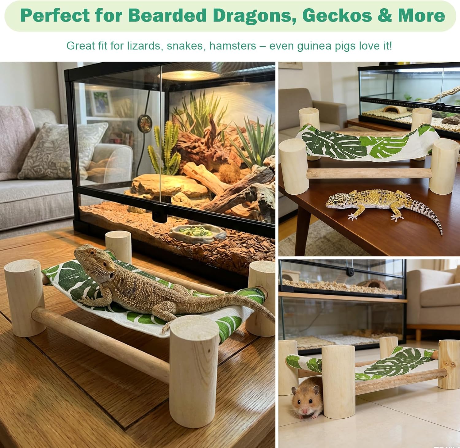 Wooden Bearded Dragon Cloth Bed, Reptile Hammock for Bearded Dragon Tank Accessories, Small Animal Habitat Decor