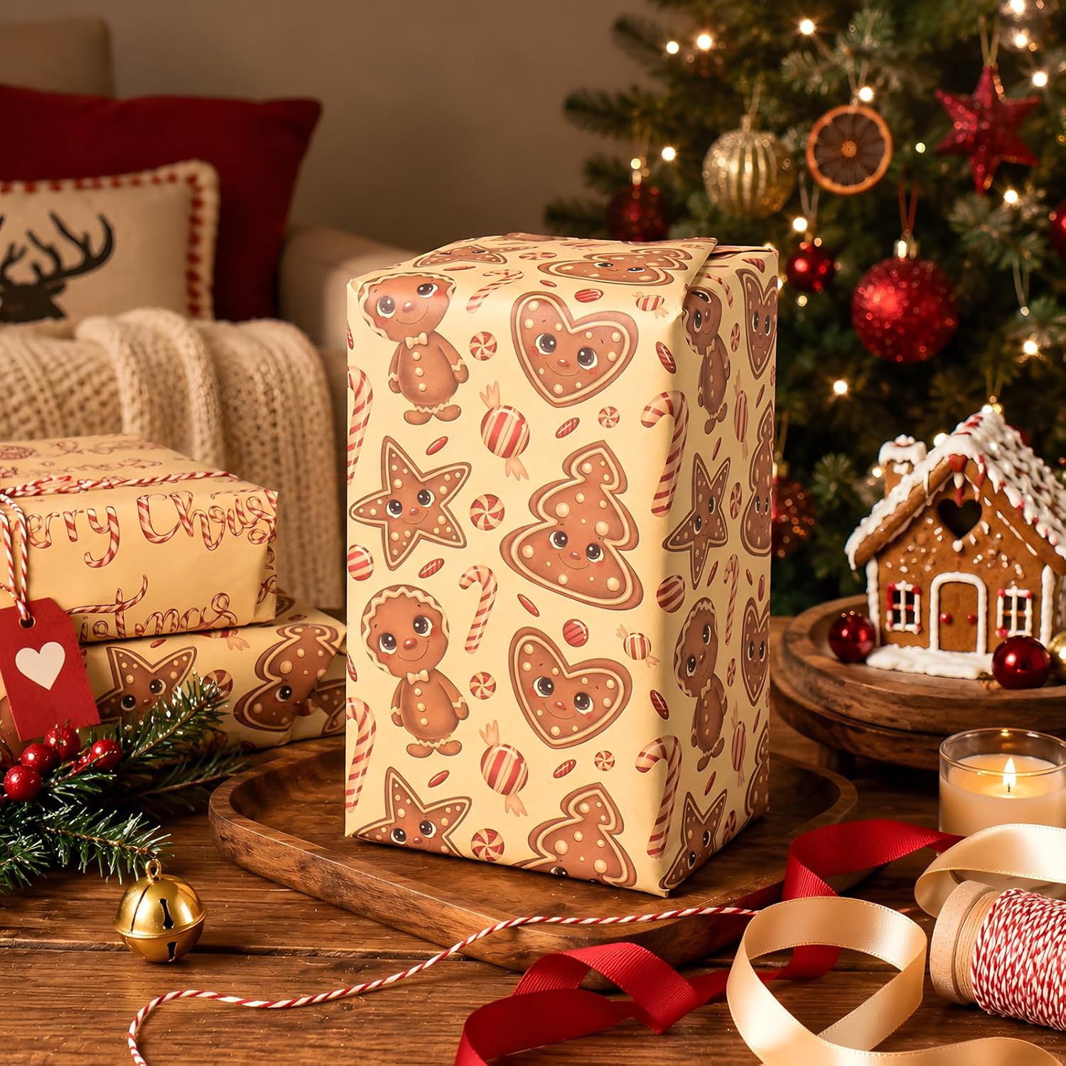 EWES Gingerbread Christmas Wrapping Paper Rolls Set,Vintage Retro Gift Wrap image 3