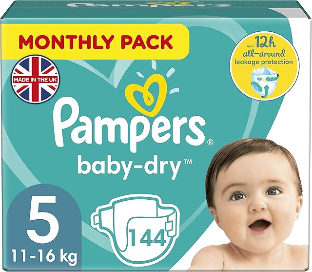 Pampers Baby Nappies Size 5 (11-16 kg/24-35 Lb), Baby-Dry, 144 Nappies, MONTHLY SAVINGS PACK, Up To 12h Of All-Around Leakage Protection