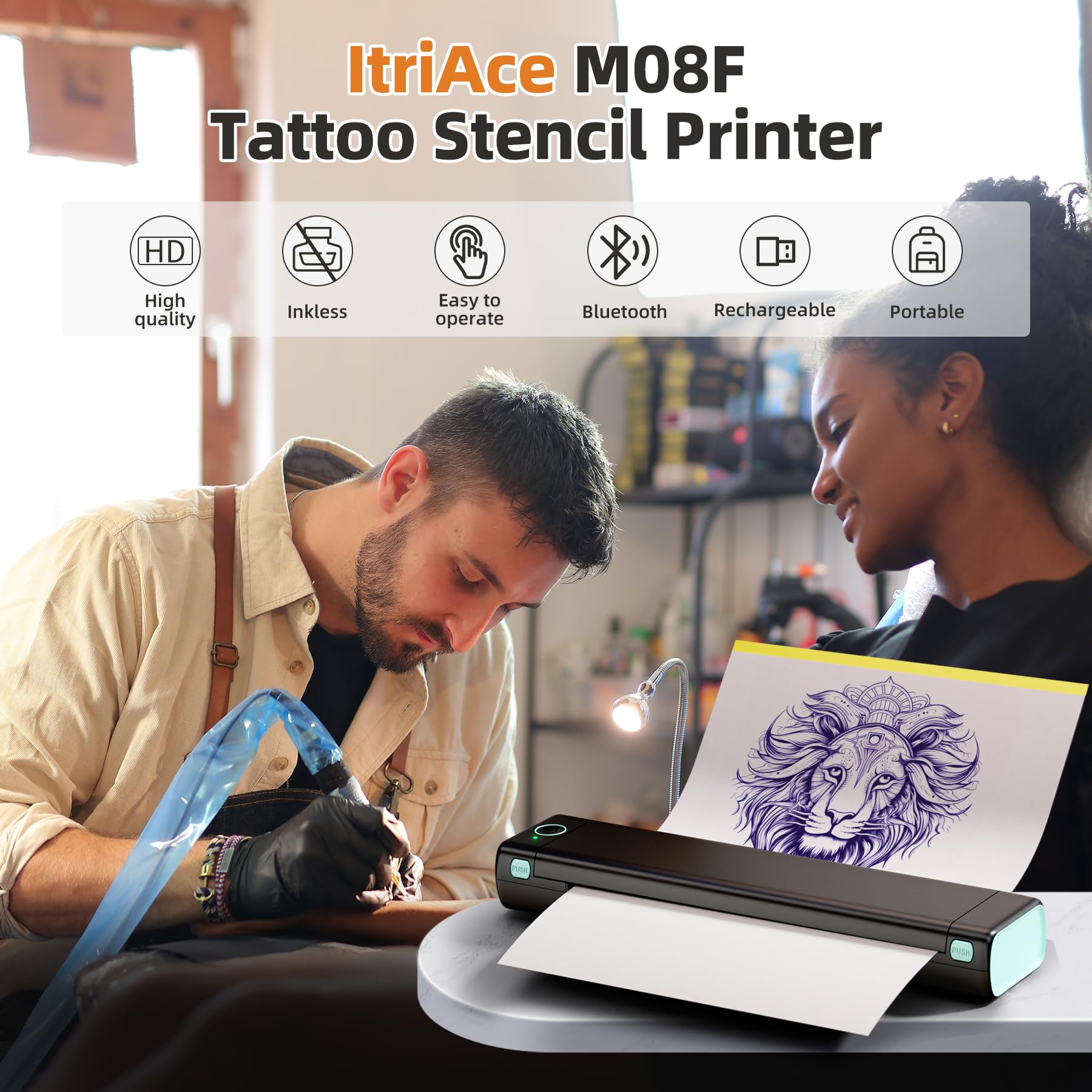 M08F Tattoo Drucker, Stencil Drucker Tattoo Transfer, mit 10 Blatt Tattoo Transfer Papier für Tattoo Künstler, Thermodrucker Tattoo Bluetooth Kompatibel mit Telefon, Tablet und Laptop
