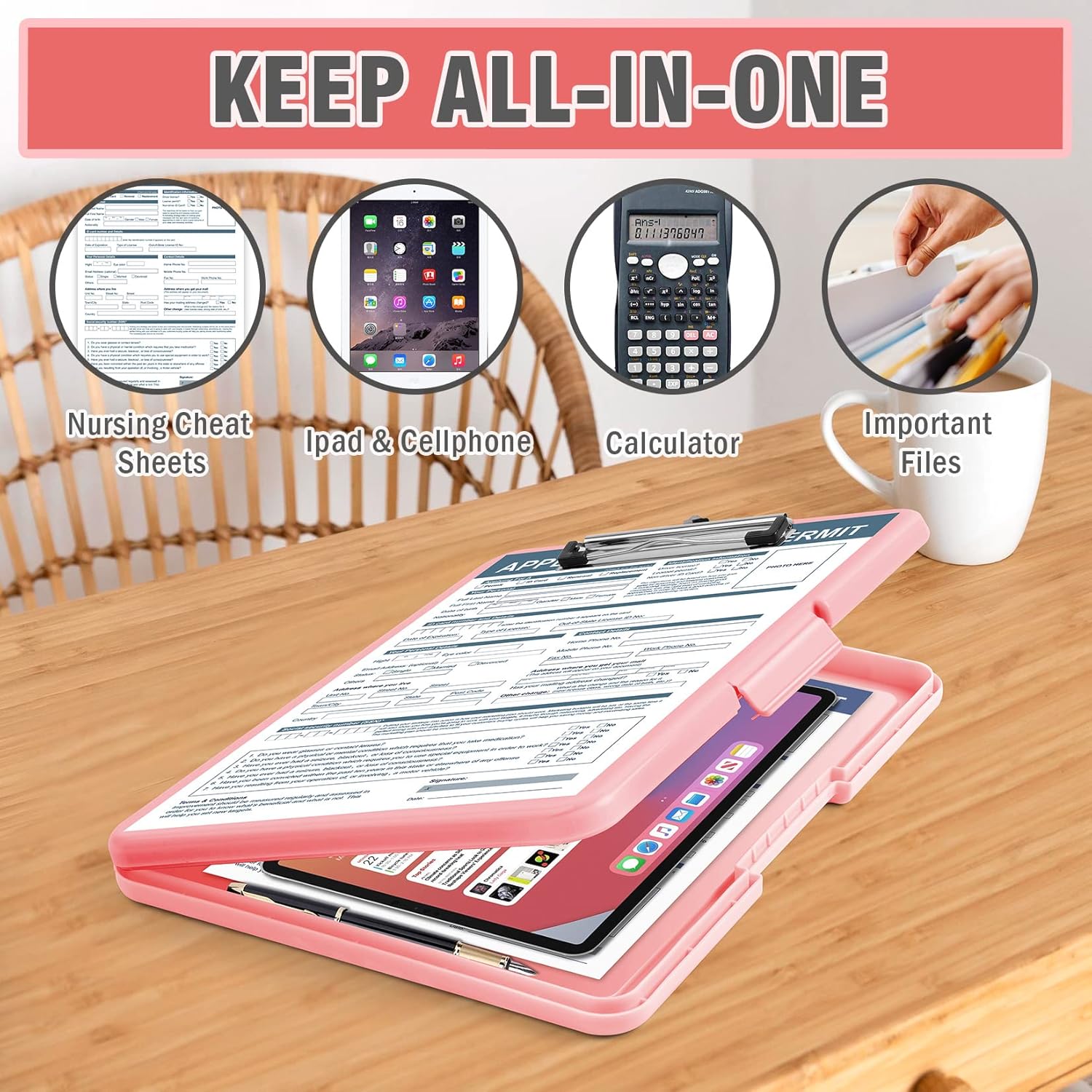 ANZNKU Clipboard with Storage 13x9.6in Storage Clipboard Heavy Duty, Plastic Clip Board with Side Opening, Nursing Clipboards Foldable, Letter Size Smooth Writing for Work, Study(Light Pink)