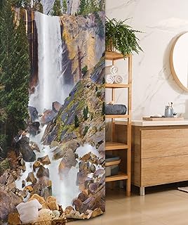 Ambesonne Yosemite Stall Shower Curtain, Vernal Fall in Yosemite National Park Rocky Stream Dramatic Wild Nature Hillside, Fabric Bathroom Decor Set with Hooks, 36" W x 72" L, White Green