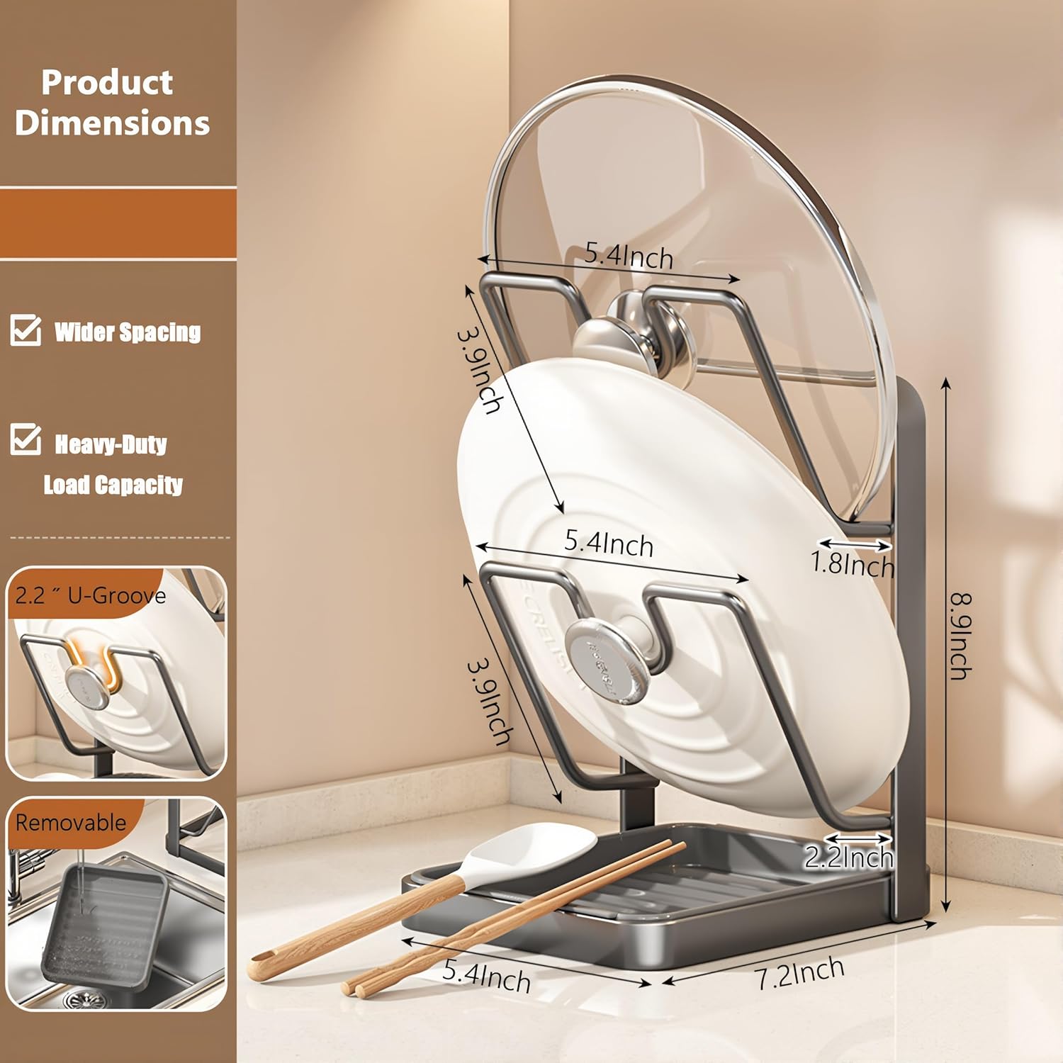 Pot Lid Holder & Spoon Rest, 2026 Upgraded Multifunctional Kitchen Organizer Rack with Removable Drip Tray, Space-Saving Countertop Stove Top Storage for Pots Pans (Gray-01) - Image 7