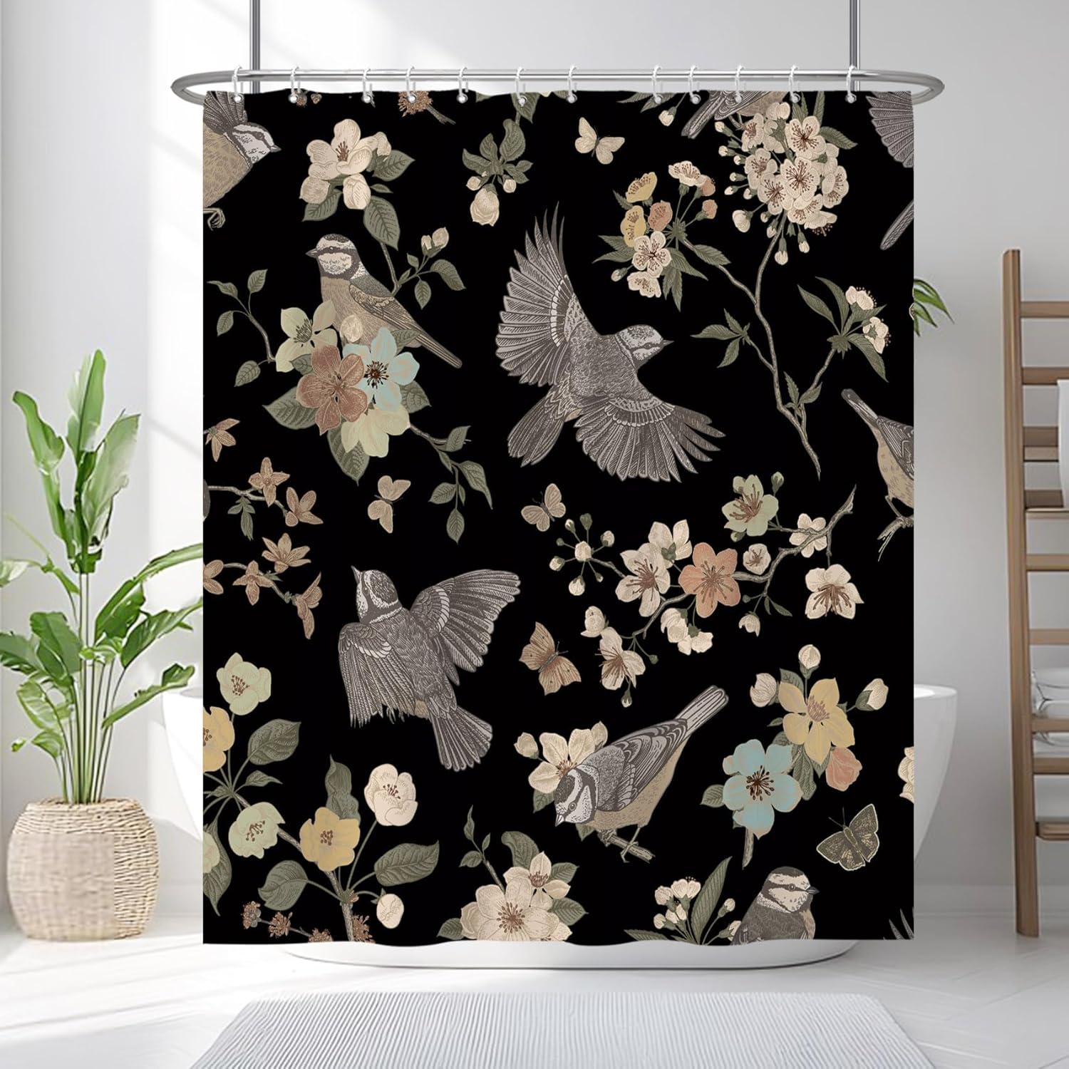 Renaiss 72x72 Inches Birds Floral Shower Curtain Watercolor Vintage Flowers Leaves Tree Branch Black Bath Curtain Plants Fabric Shower Curtains for Bathroom Decor Waterproof Polyester with Hooks