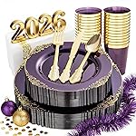 Nervure 175PCS Clear Purple Plastic Plates - Purple Party Plates Set for 25 Guests Include 25Dinner Plate, 25Dessert Plate, 25Cups, 75 Cutlery, 25Napkins Perfect for Wedding & Party & New Year