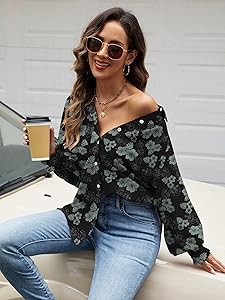 Bellcoco Womens Striped Button Down Shirts Smocked Puff Sleeve Boyfriend Blouse Collar Oversized Work Tops with Pocket