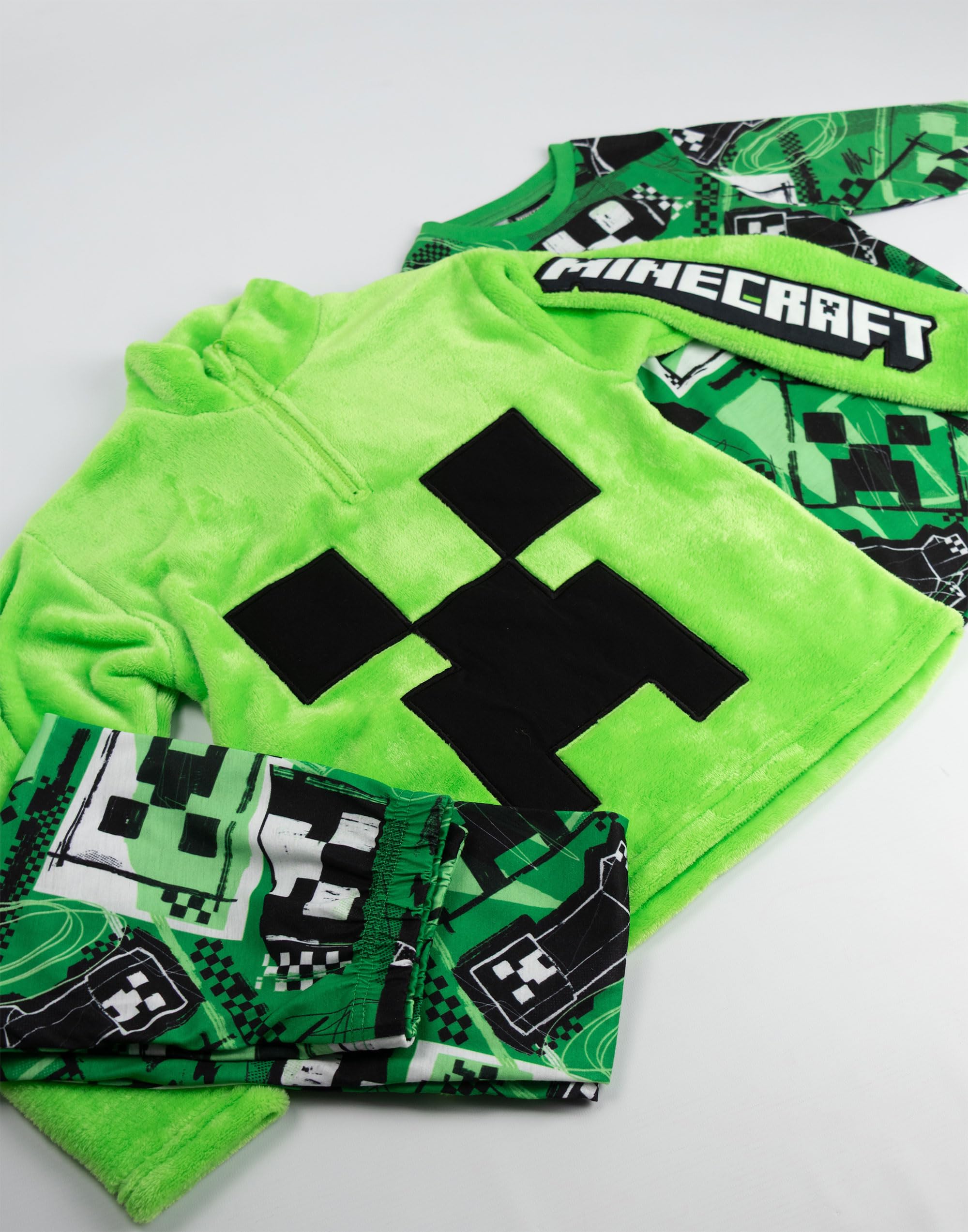 MINECRAFT Pigiama e Maglione a Maniche Lunghe Verde Creeper per Ragazzi, 3 Pezzi in Pile con Cerniera e Collo a Imbuto | Abbigliamento da Notte per Bambini