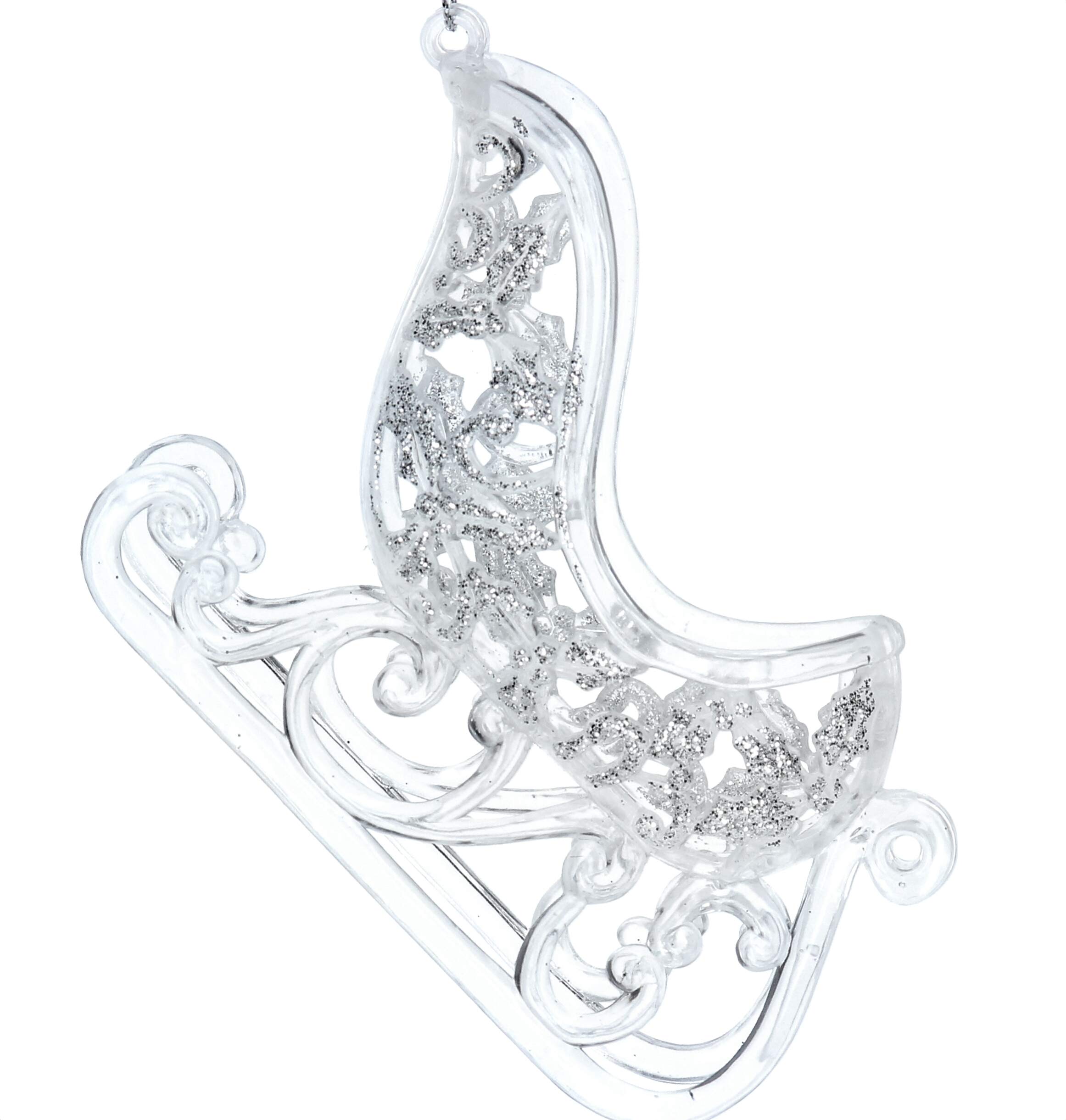 Gisela Graham Translucent Silver Glitter Santa's Sleigh Hanging Christmas Tree Decoration
