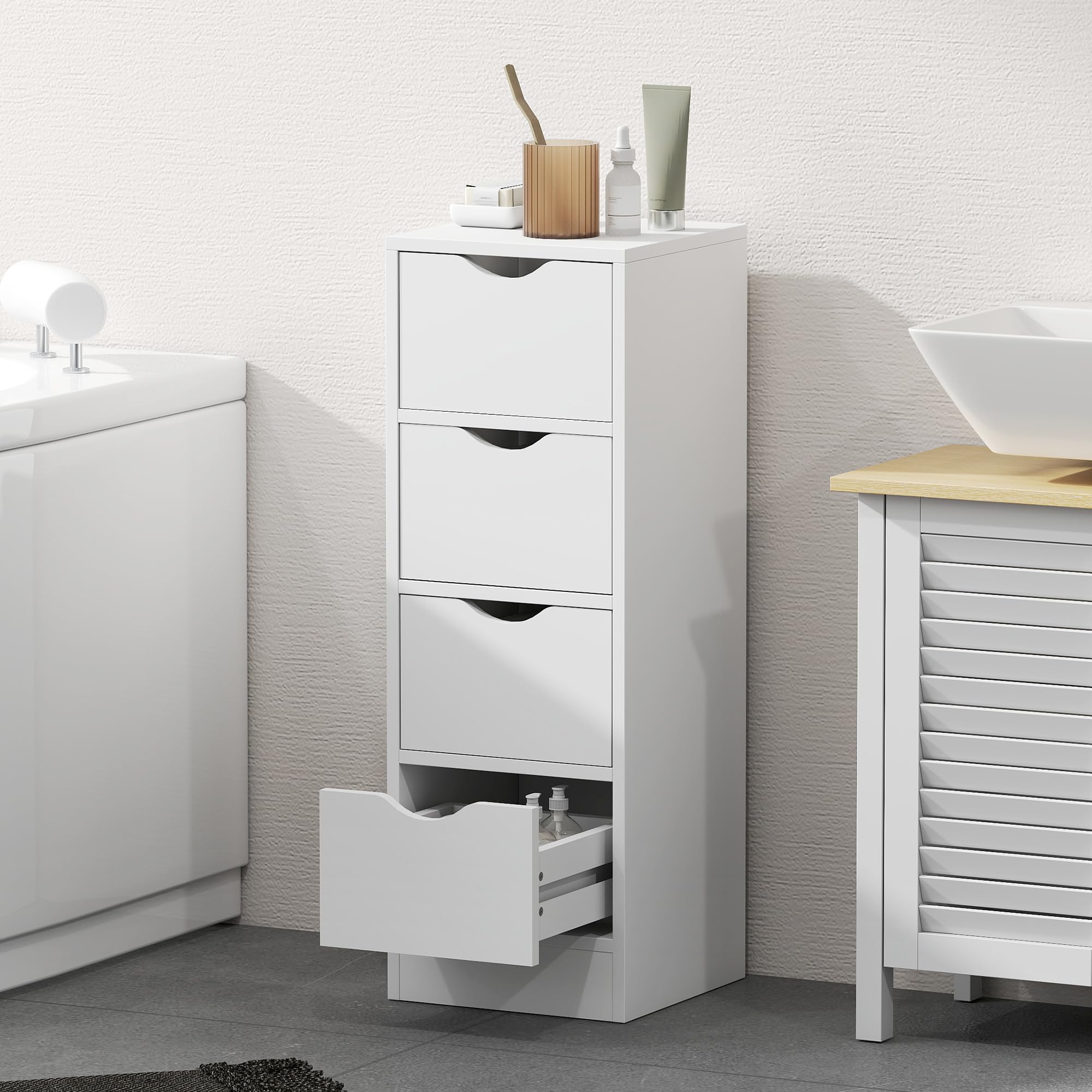 HOMCOM Meuble de Salle de Bain Meuble de Rangement 29 x 29 x 83 cm Blanc | 4 Tiroirs, Poignées Encastrées, Armoire Salle de Bain, Chambre, Salon, Idéal pour Petits Espaces