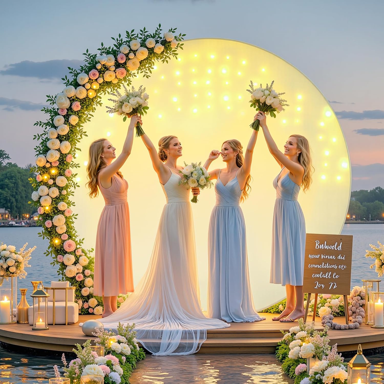 6.6 FT Beige Round Backdrop Cover with Lights String for Circle Arch Stand Circle Backdrop Covers with LED Fairy Lights for Wedding Arch Bridal Baby Shower Birthday Party Photo Photography Background image 3