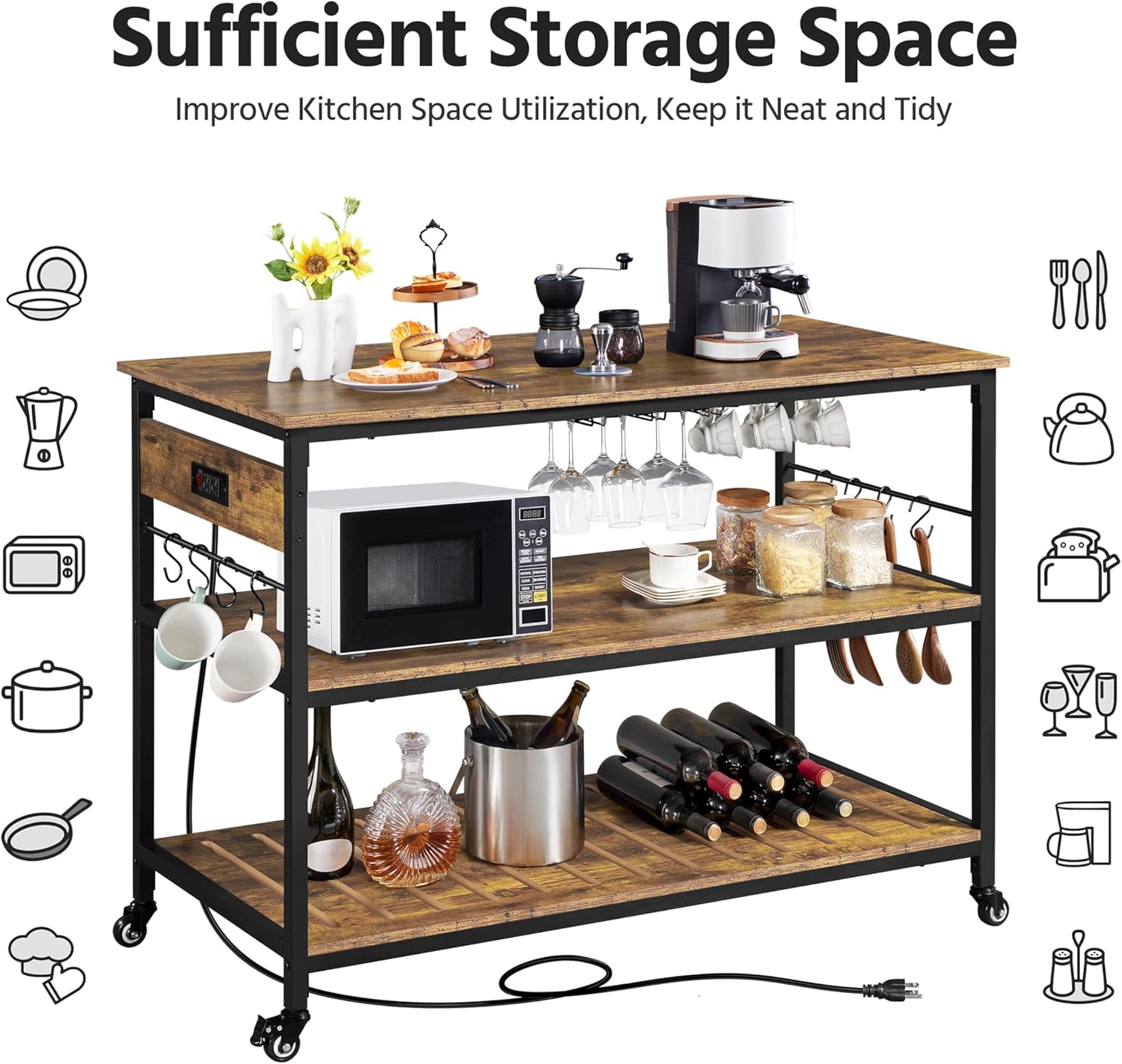 Kitchen island with various items demonstrating storage capacity
