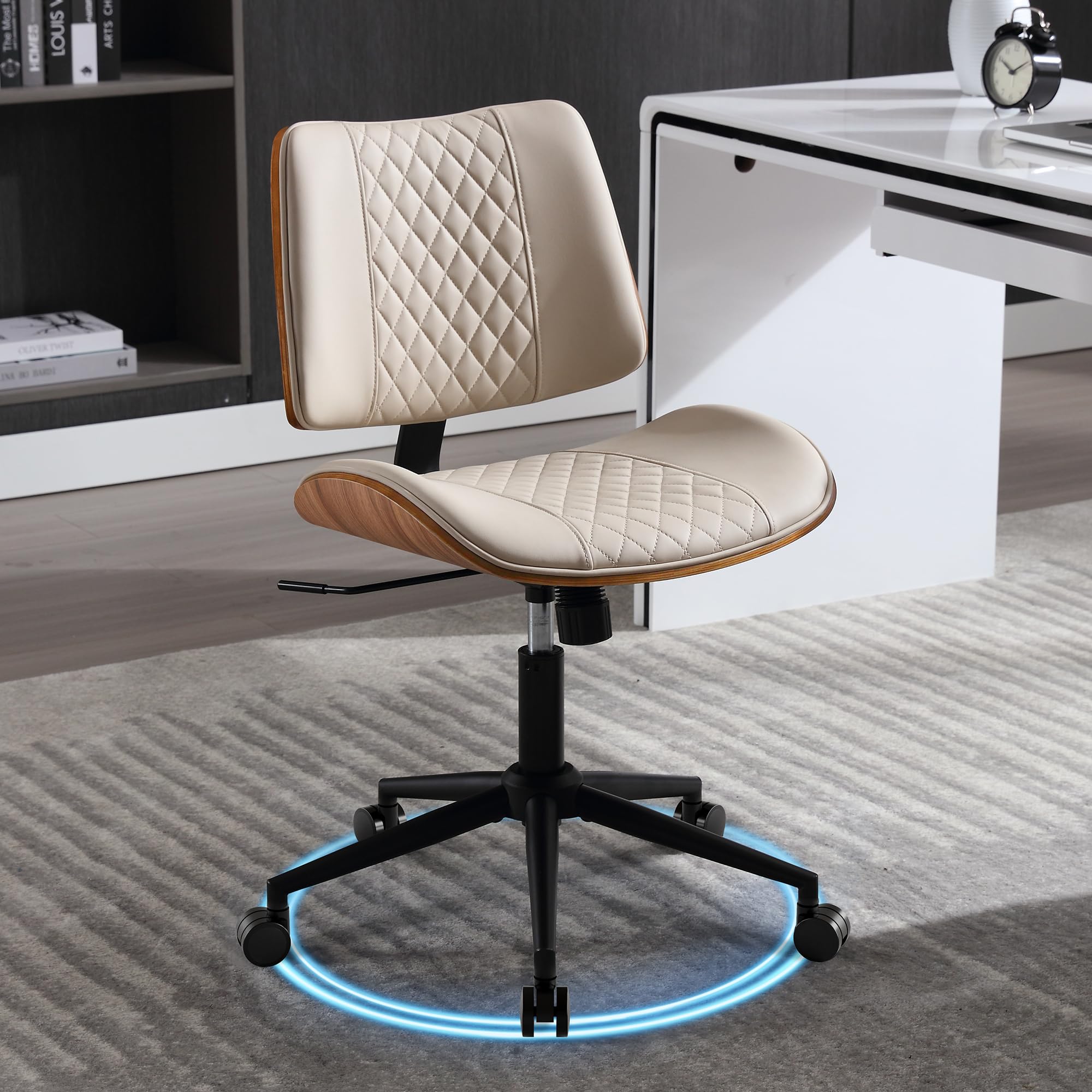 Bürostuhl ohne Armlehne Schreibtischstuhl Leder Holz Modern Homeoffice Chair Wippfunktion bis 136 kg Belastbar Höhenverstellbar 360° Drehstuhl für Arbeitszimmer Schlafzimmer Heimbüro Beige