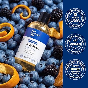 Her Fantasy Box | Body Splash Blueberry Creme Fragrance Oil Fruity Creamy Berry Scent with Vanilla Sugar & Citrus Notes, Lightweight Hydrating Body Oil, Vegan & Cruelty Free