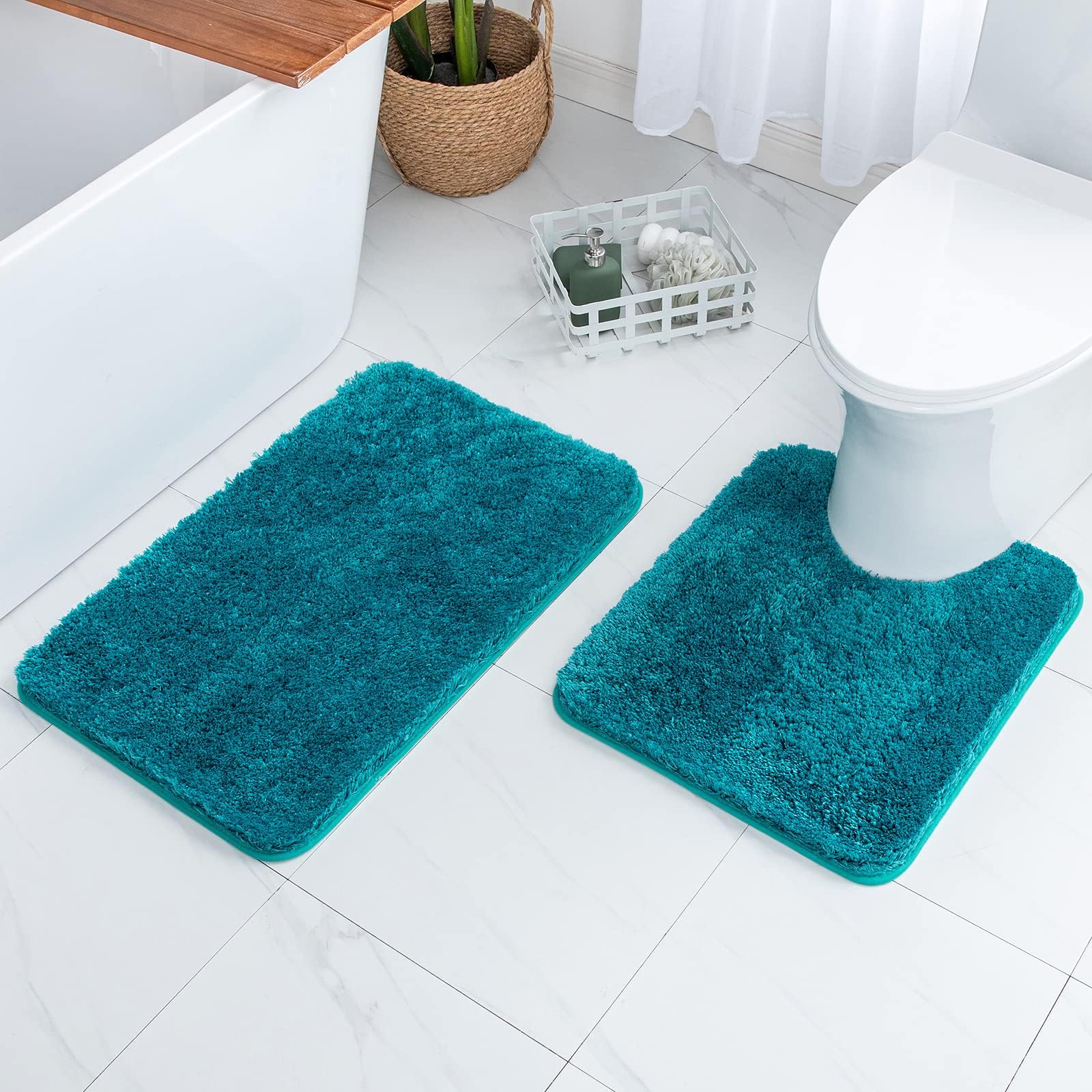 MIULEE Teal Bathroom Rugs Set 2 Piece, Soft Absorbent Microfiber Bath Mat and U-Shaped Contour Toilet Rug, Non Slip Quick Dry Washable Plush Shaggy