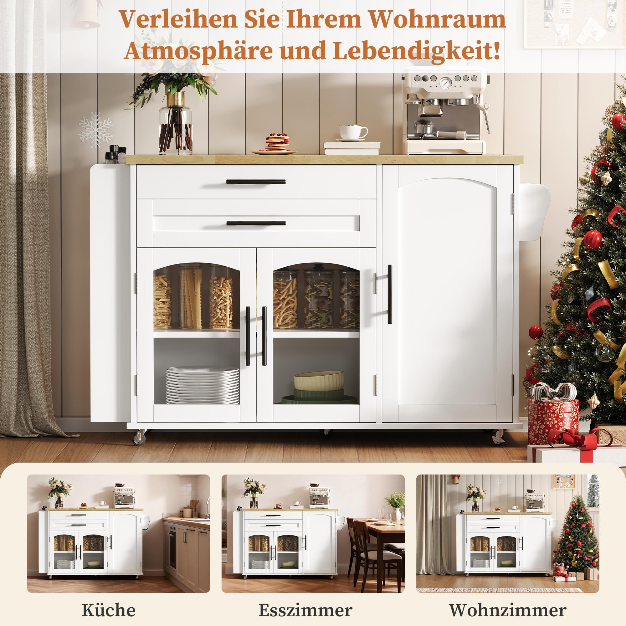 Merax Îlot de cuisine mobile avec plan de travail pliable, chariot de cuisine sur 5 roulettes avec frein, étagère à épices et tiroir, îlot de cuisine avec beaucoup d'espace de rangement, 120 x 45 (70