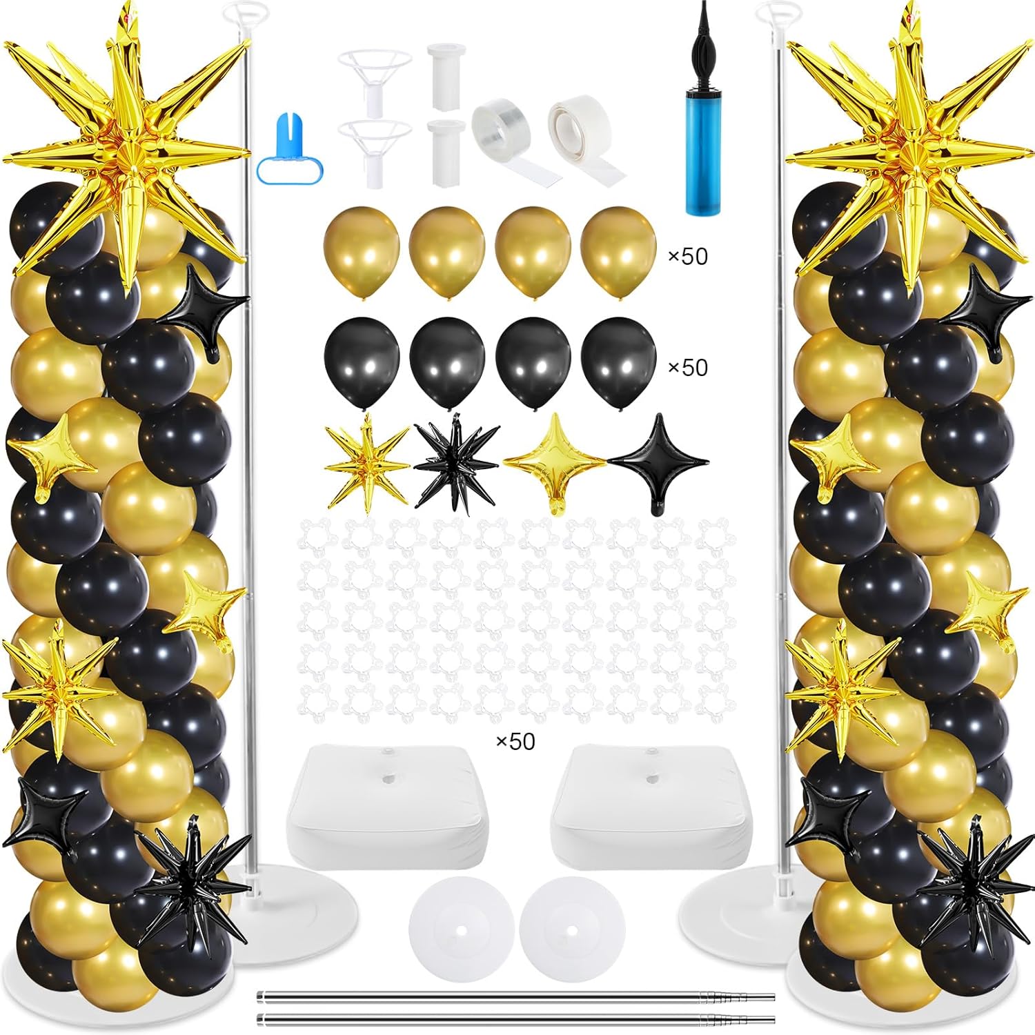 Soulchen 110 Pcs Black Gold Explosion Balloons Column Stand Kit Adjustable Tower Stand from 1.4 to 6.6 ft with Bases for Graduation Birthday Wedding Baby Shower Holiday Party