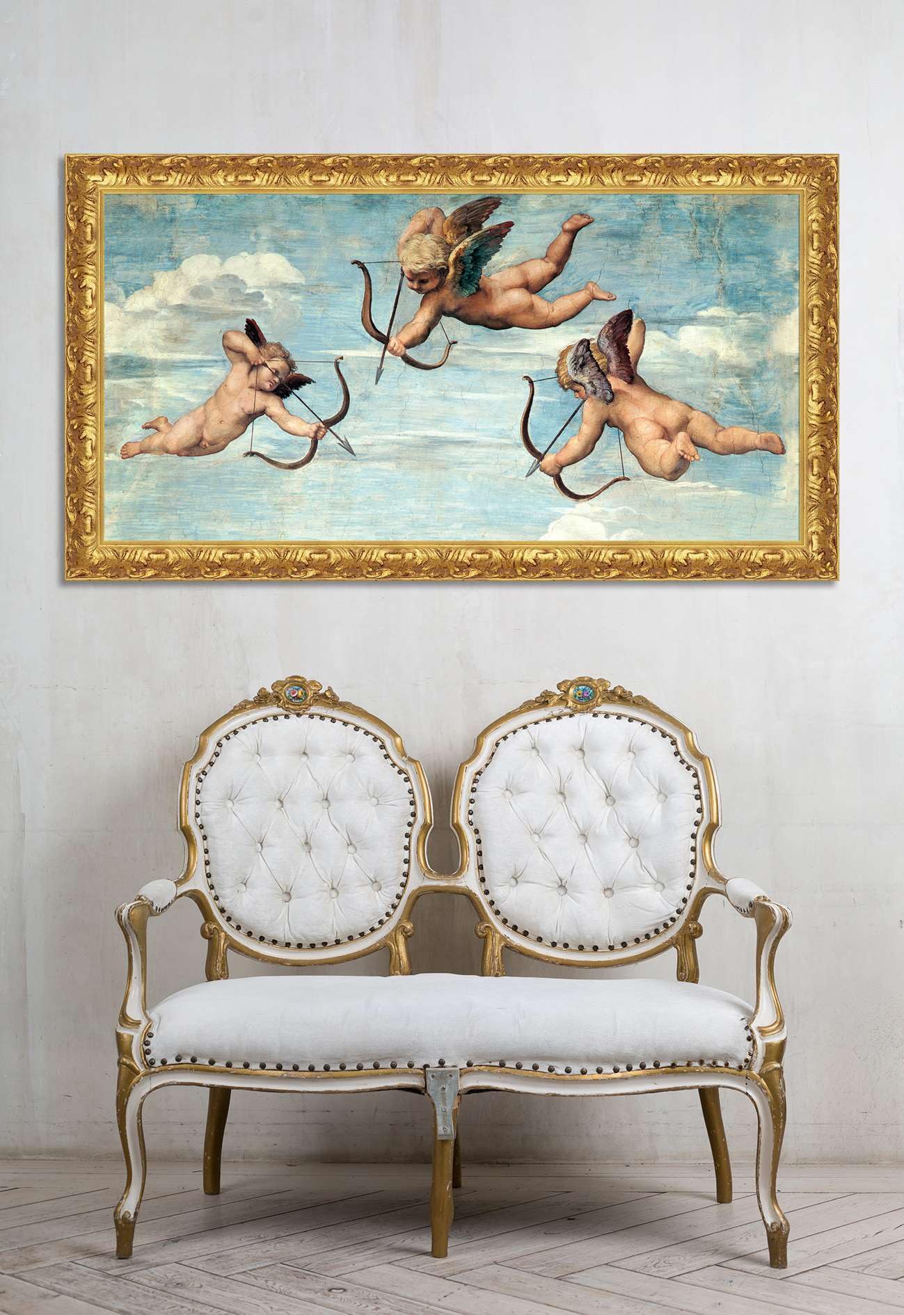 LuxHomeDecor Raffaello Sanzio – Triumph der Galatea – Bild mit Rahmen – Leinwandbild Malereffekt – mit Holzrahmen Gold Barock Klassisch - 80x45 cm