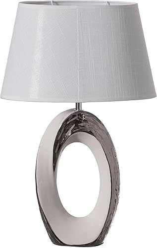 Quickway Imports Lámparas de mesa de diseño, lámpara de mesa decorativa de cerámica de 19 pulgadas, con soporte ovalado plateado y blanco y pantalla
