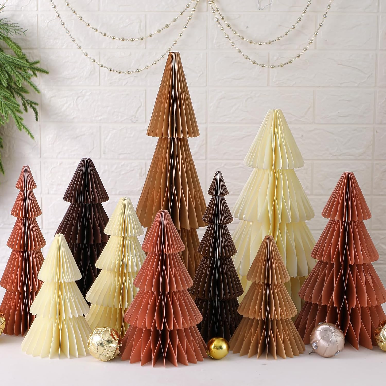 Amyhill 10 Pcs Large Neutral Honeycomb Christmas Tree 20/16/12/10/8 Inch 3D Paper Trees Centerpiece Modern Christmas Home Mantel Decor Minimalist Holiday Party Decorations Xmas Gift