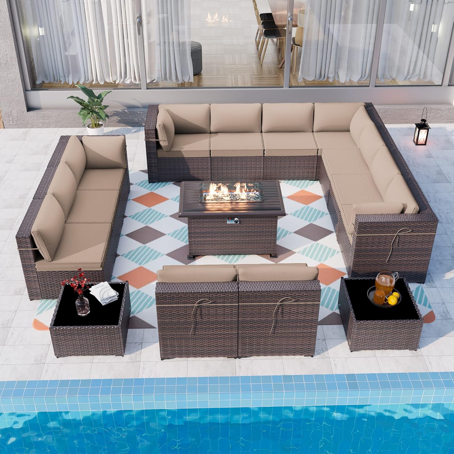 ALAULM 10 Pieces Patio Furniture Set with Propane Fire Pit Table Outdoor Sectional Sofa Sets Patio Furniture 43" Gas Fire Pit Brown PE Rattan Patio Conversation Set w/8 Seat Cushions (Dark Blue) : Patio, Lawn & Garden