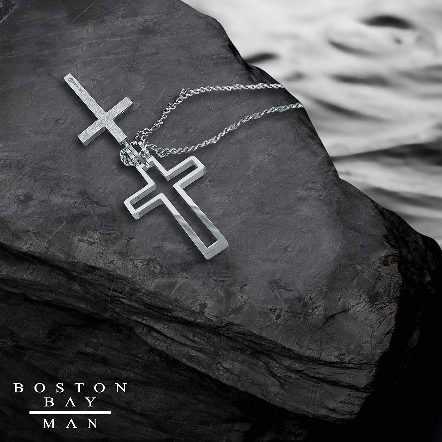 Boston Bay Men's Two-Piece Hinged 1.5" Cross Pendant – High Polish Frame with Matte Inner Cross in Waterproof 316L Stainless Steel on 24" Chain - Image 4