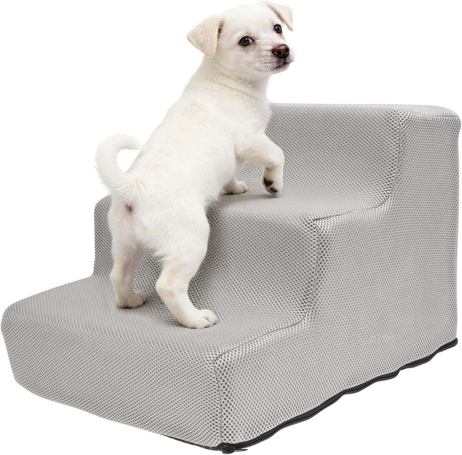 Dog Steps Stairs for Sofa Low Bed Couch, Non-Slip Pet Stairs for Small Dogs and Cats, 3-Steps Dog Ramp for Sofa with High Density Foam and Removable Cover, Washable, 34x40x30 cm(Light Grey)