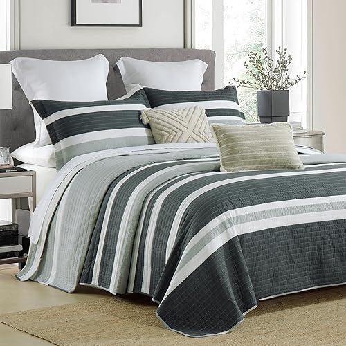 SahSahCasa Juego de edredón tamaño King, juego de edredón 100% algodón, colcha tamaño King, edredón ligero, reversible, a rayas, para cama King,