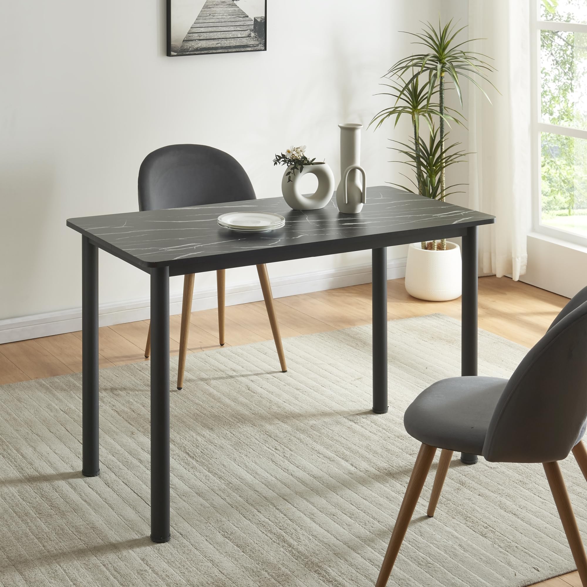 [en.casa] Esstisch Tammela Küchentisch für 4 Personen 120 x 60 cm Esszimmertisch rechteckige Tischplatte Stahlbeine Marmoroptik, schwarz