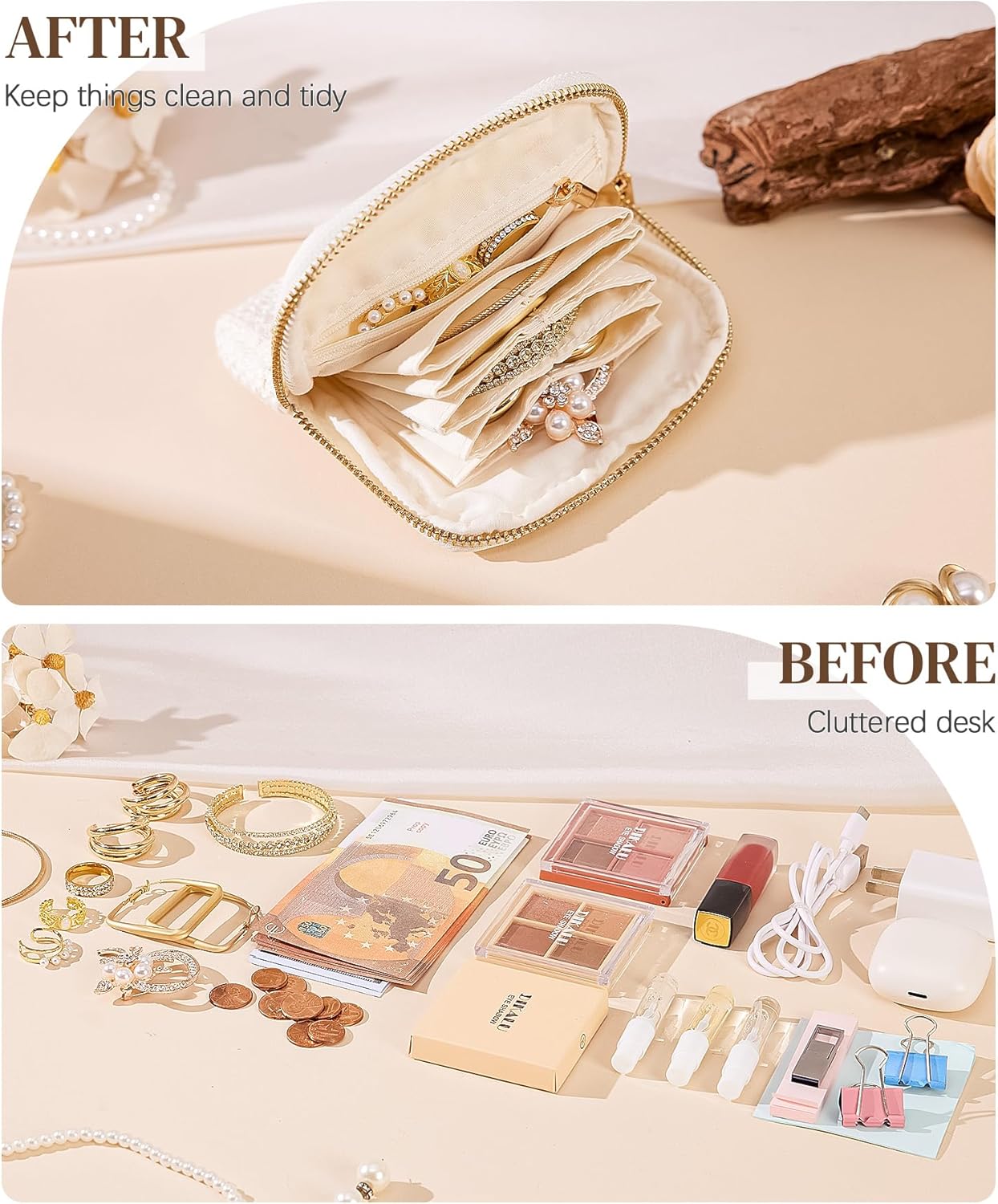 Women Travel Jewelry Case: Soft Bag with 5 Pouches for Ring Earring Necklace - Christmas and Birthday Gifts Choice (White) - Image 6