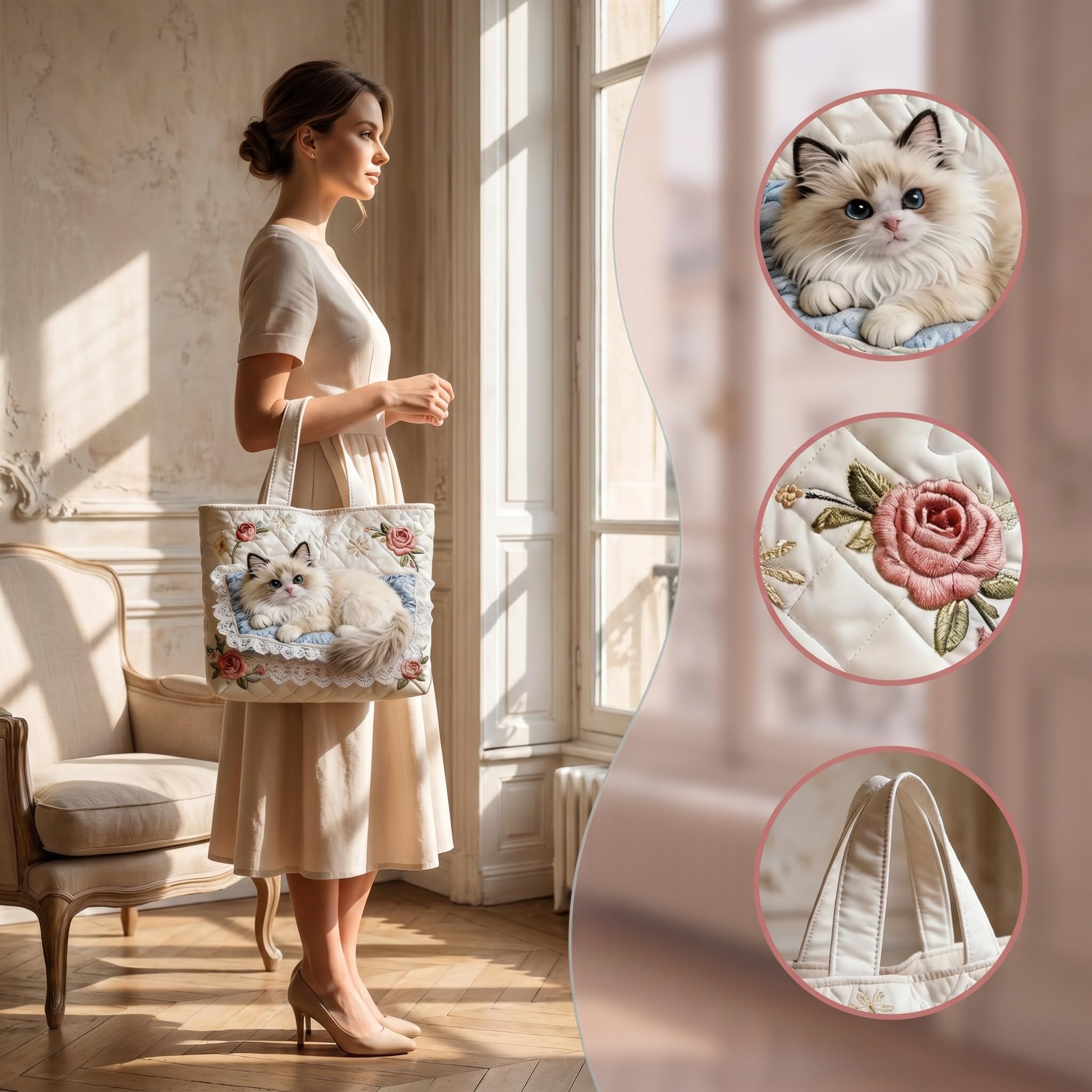 Sac fourre-tout matelassé léger pliable motif chat mignons, fait main artisanal spacieux réutilisable. Idéal sorties, randonnées, quotidien et cadeau pour amis