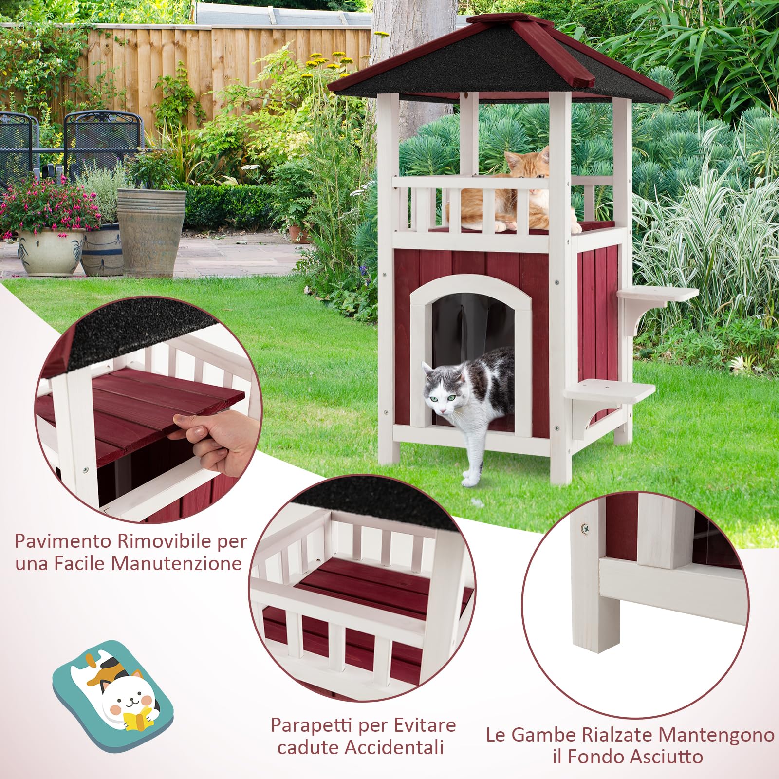 COSTWAY Cuccia per Gatti da Interno ed Esterno, Gasetta per Gatti in Legno a 2 Livelli con Tetto in Asfalto e 2 Piattaforme per Saltare, Casa per Gattini Impermeabile, 58 x 50 x 87 cm