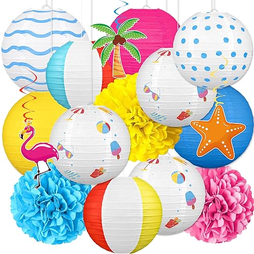 16Pcs Summer Party Decorations Paper Lanterns Pom Poms Hanging Swirls