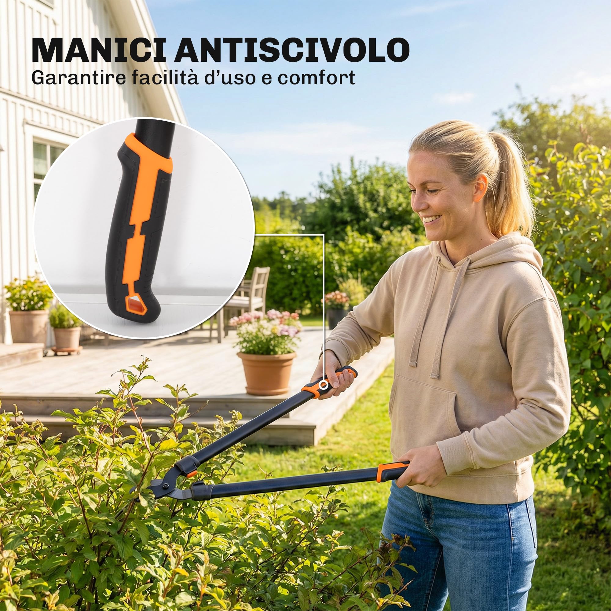Outsunny Set Attrezzi da Giardinaggio 2 Pezzi con Troncarami e Cesoie per Siepi da 69.5 cm, Forbici da Potatura con Impugnatura Morbida e Blocco di Sicurezza, Leggero e Compatto, Arancione