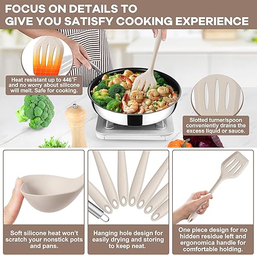 Miniatura 3 de TeamFar 8 utensilios de cocina de silicona Juego de utensilios de cocina de silicona resistentes al calor de 446 F, espátula, cuchara, batidor,