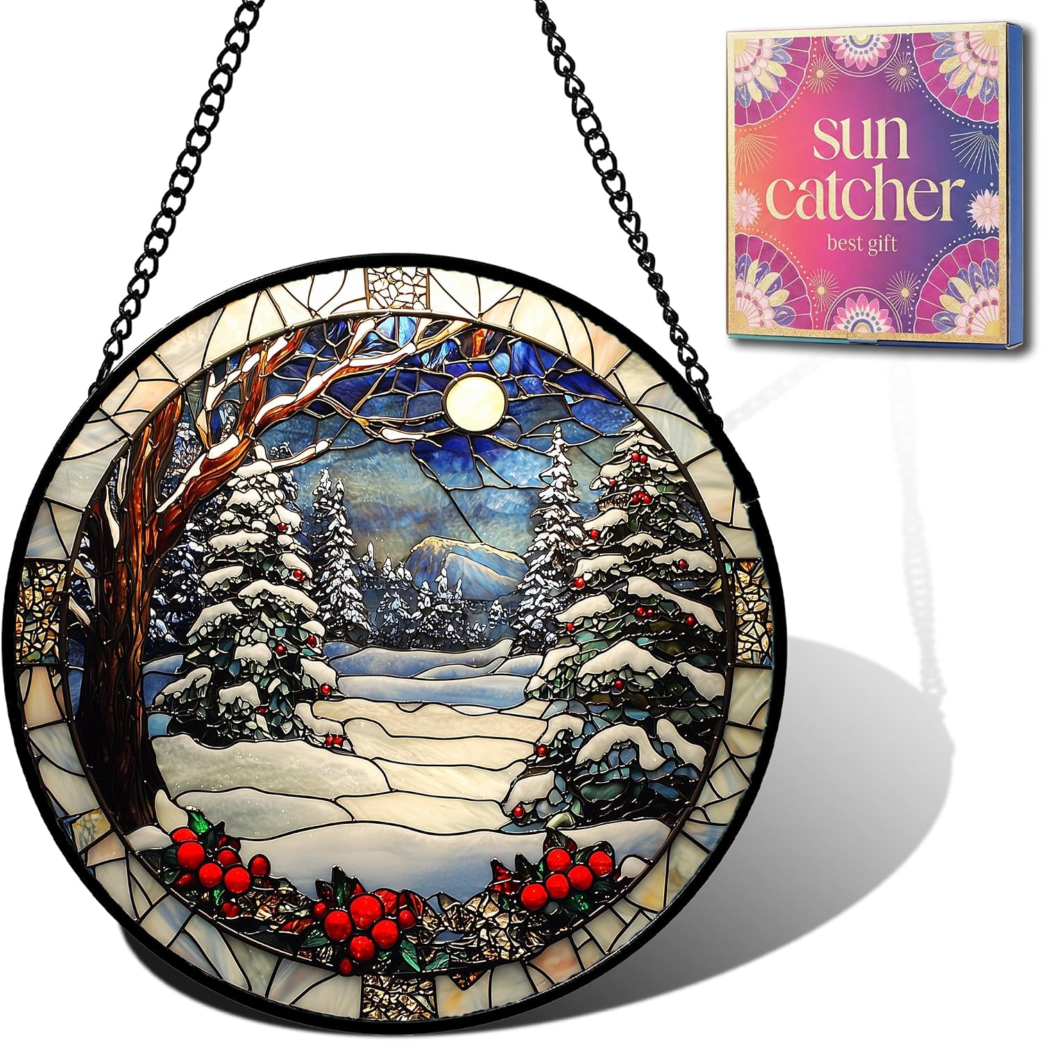 Cedar Snowscape Acrylic Suncatcher Faux Stained Glass Window Hanging 6.3"