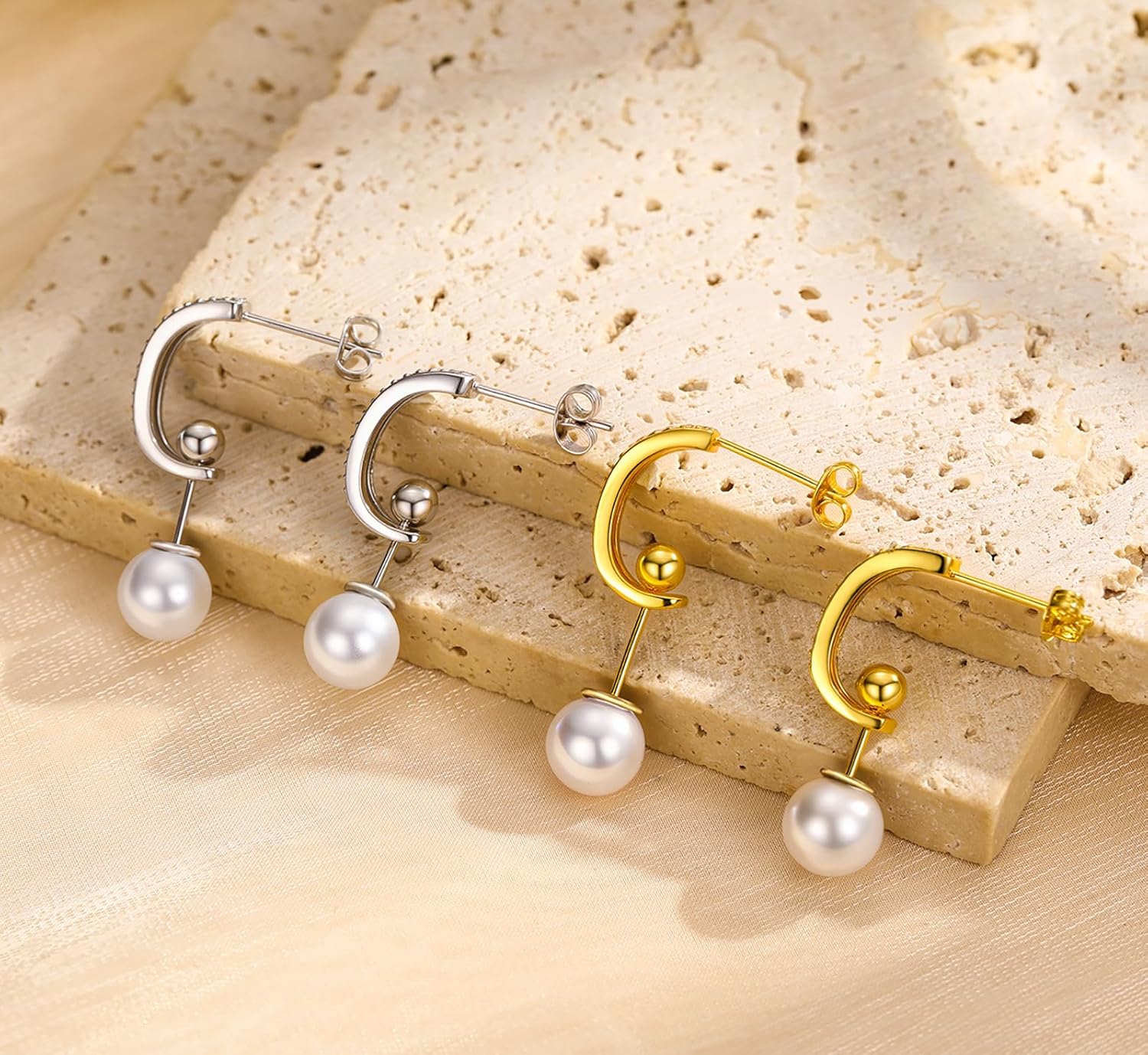 14K White Gold Plated Pearl Drop Earrings with 925 Sterling Silver Post and Cubic Zirconia, Hypoallergenic Small Dangle Earrings with Dangling Pearl for Women - Image 8