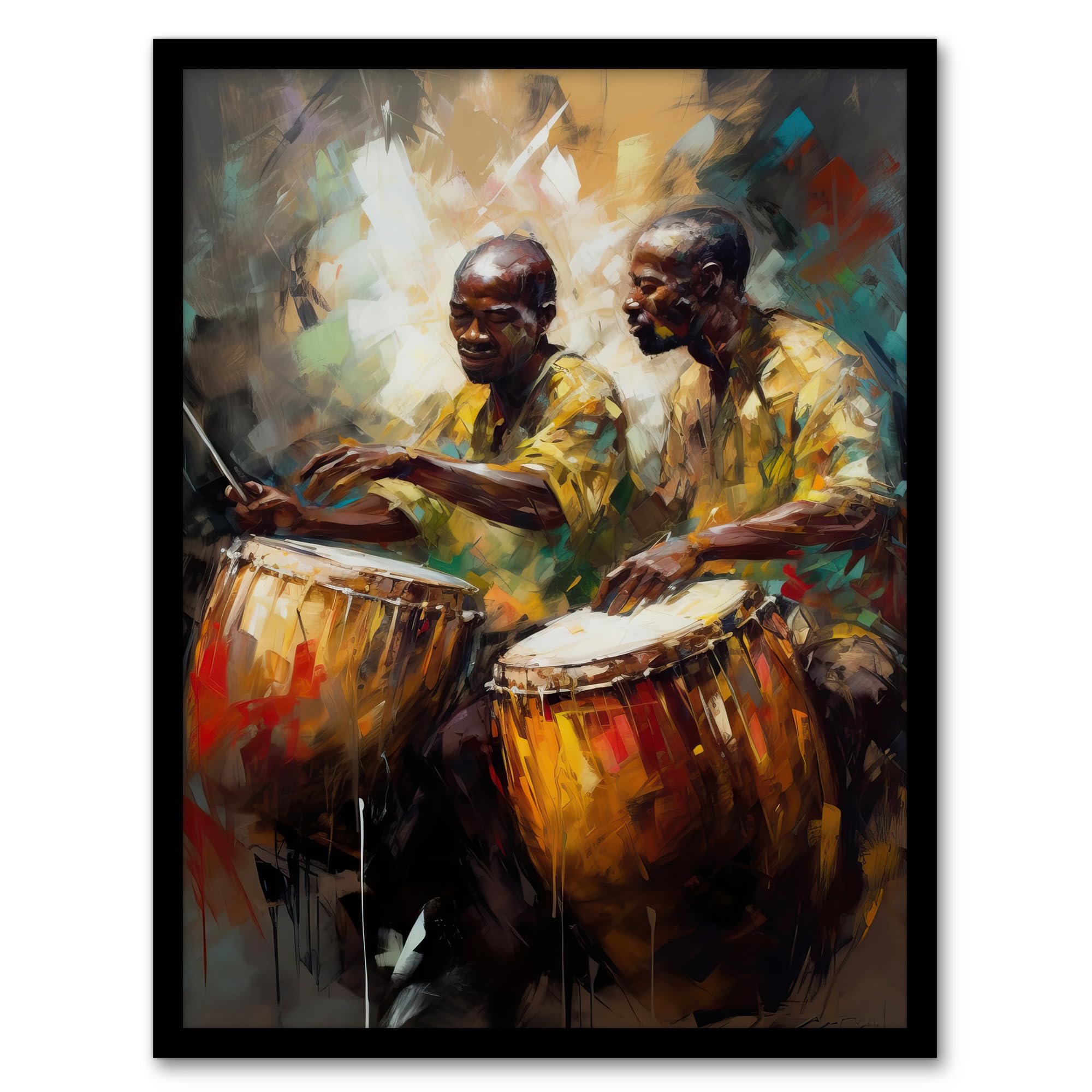 Artery8 African Drum Players Oil Painting Orange Yellow Blue Drummer Beat Traditional Music Songs Art Print Framed Poster Wall Decor 12x16 inch
