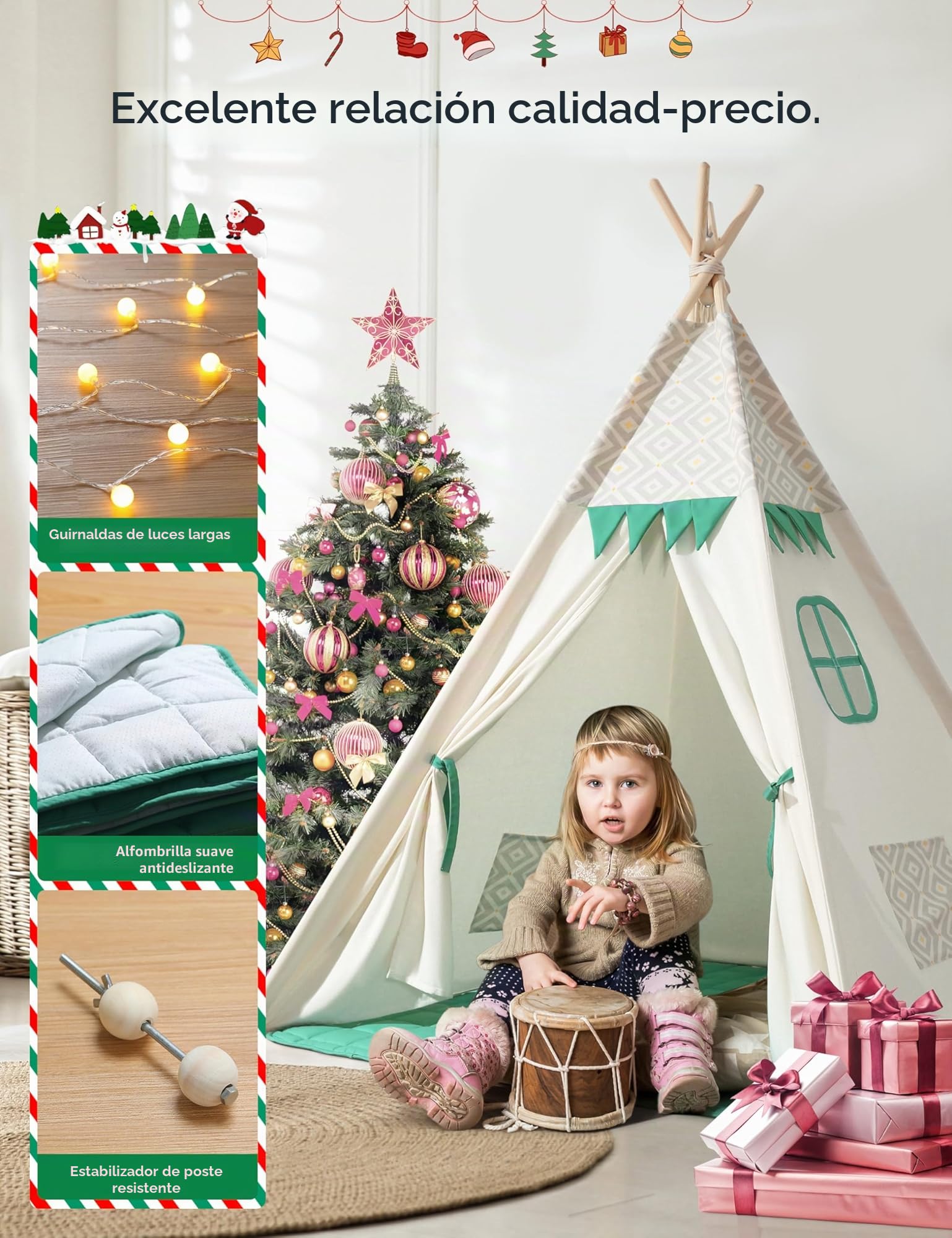 besrey Tipi Infantil Indio para Niños Tienda de Campaña Infantil Canvas Tipi de algodón con Alfombra Acolchado y Luces de Hadas (Verde y Blanco)